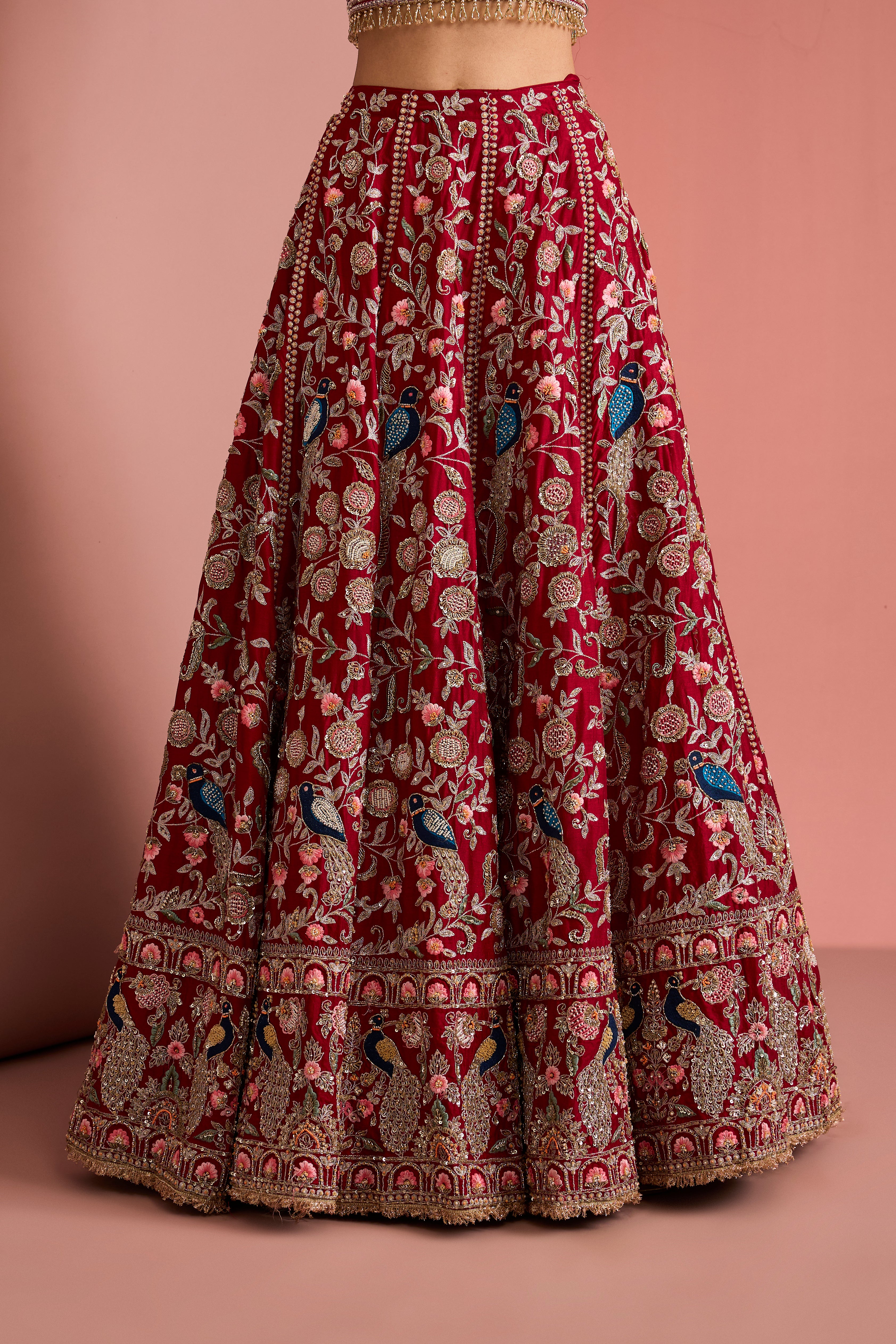 MAROON SILK HAND EMBROIDERED LEHENGA SET