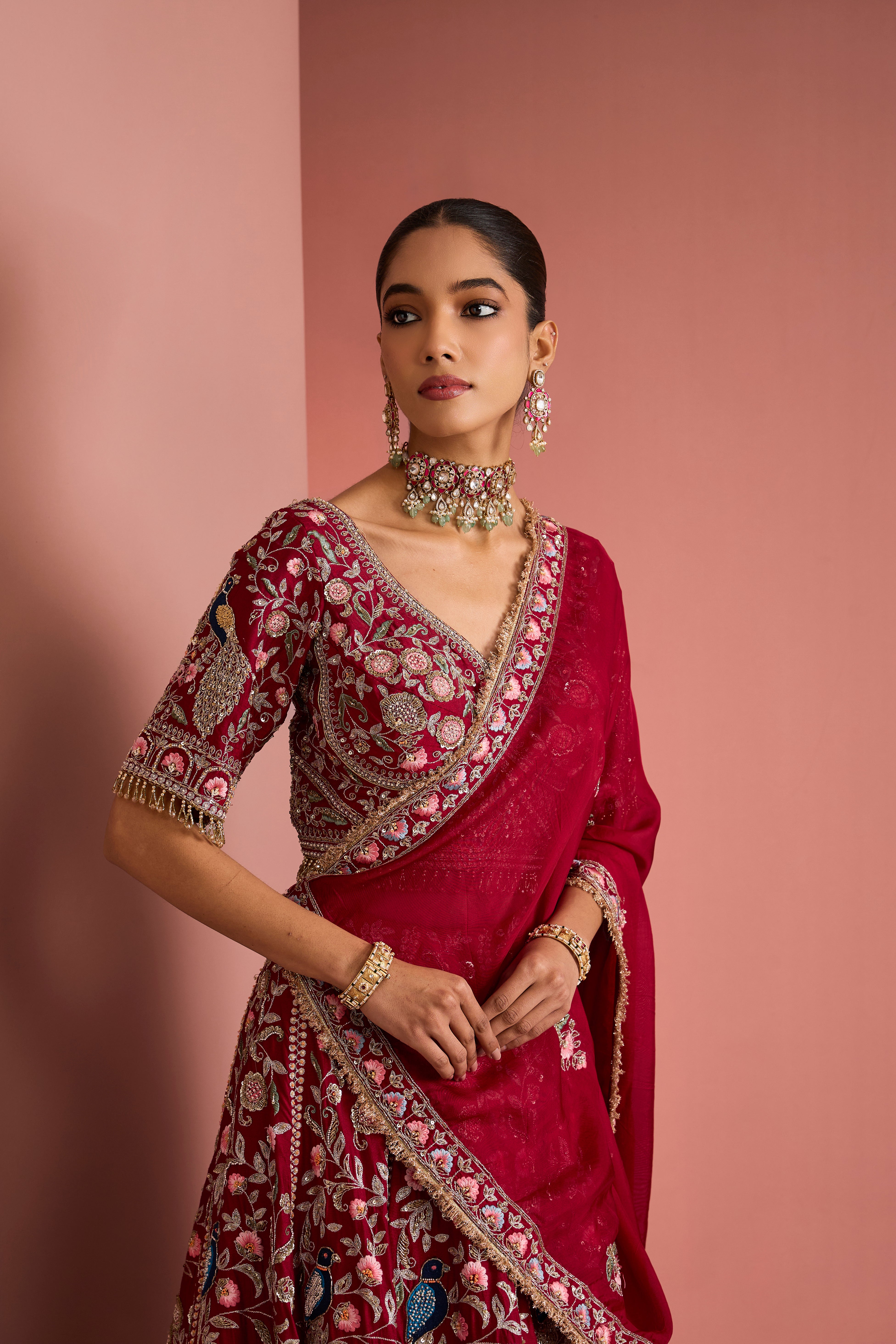 MAROON SILK HAND EMBROIDERED LEHENGA SET
