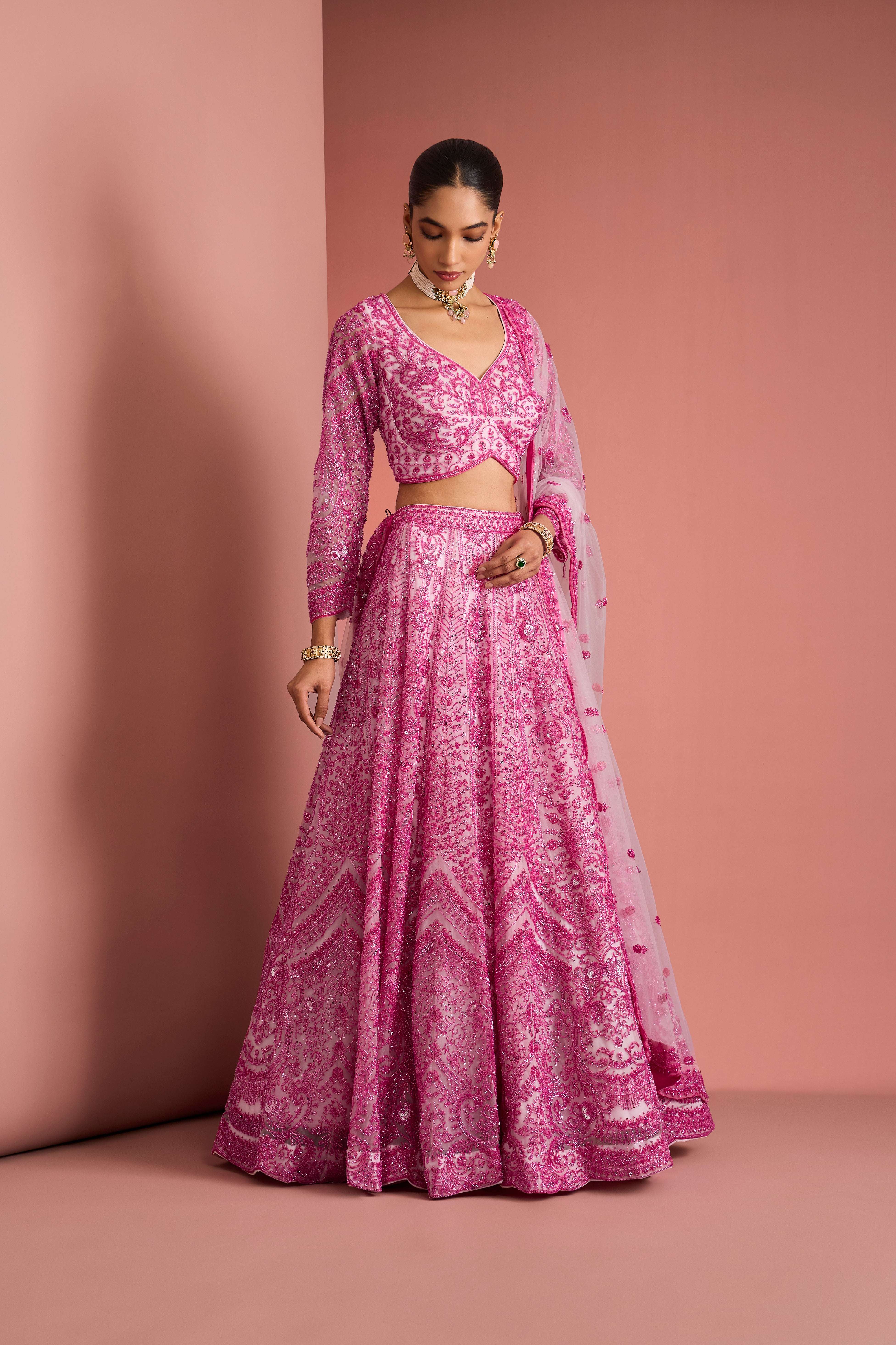 PINK NET CUTDANA WORK LEHENGA SET