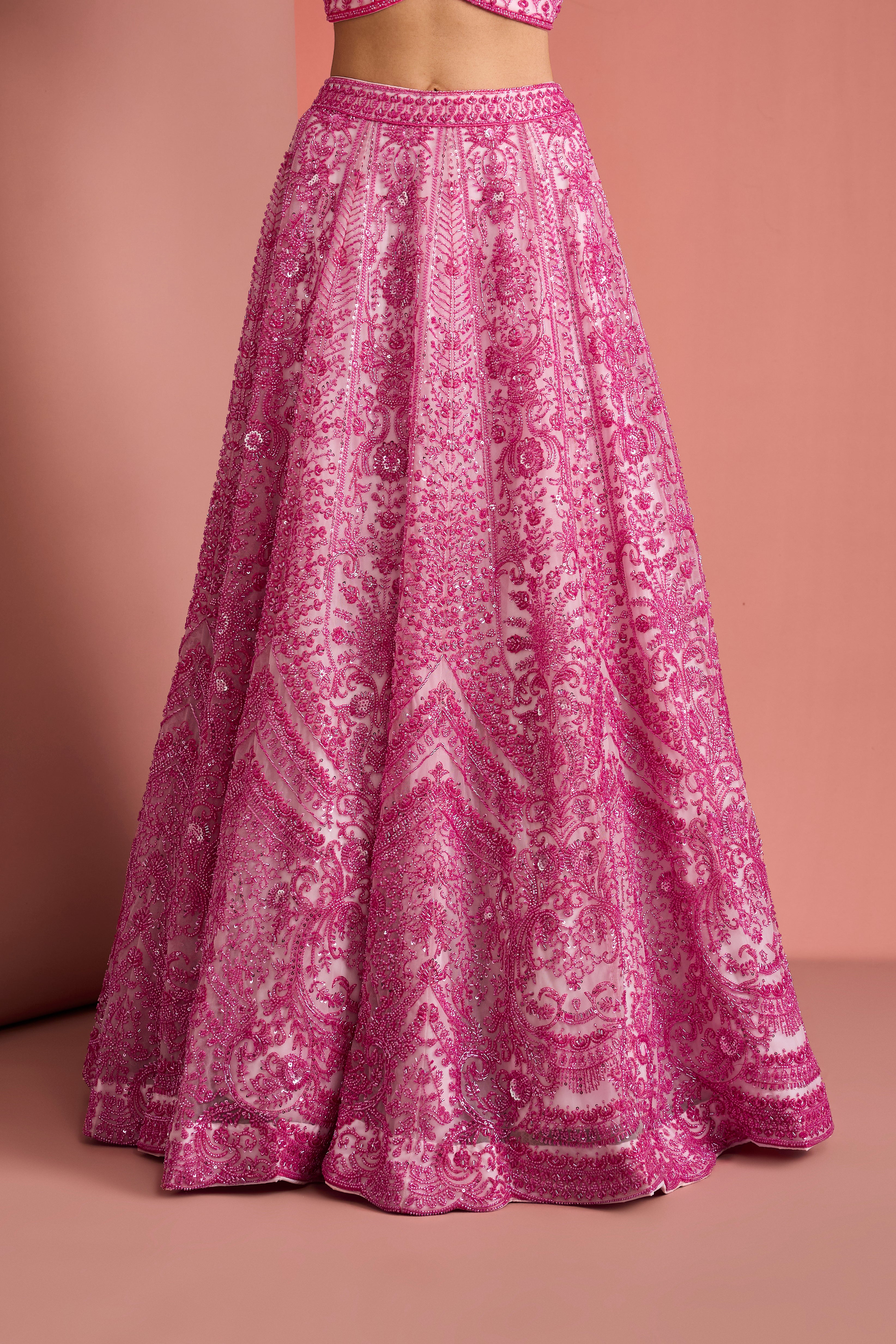 PINK NET CUTDANA WORK LEHENGA SET