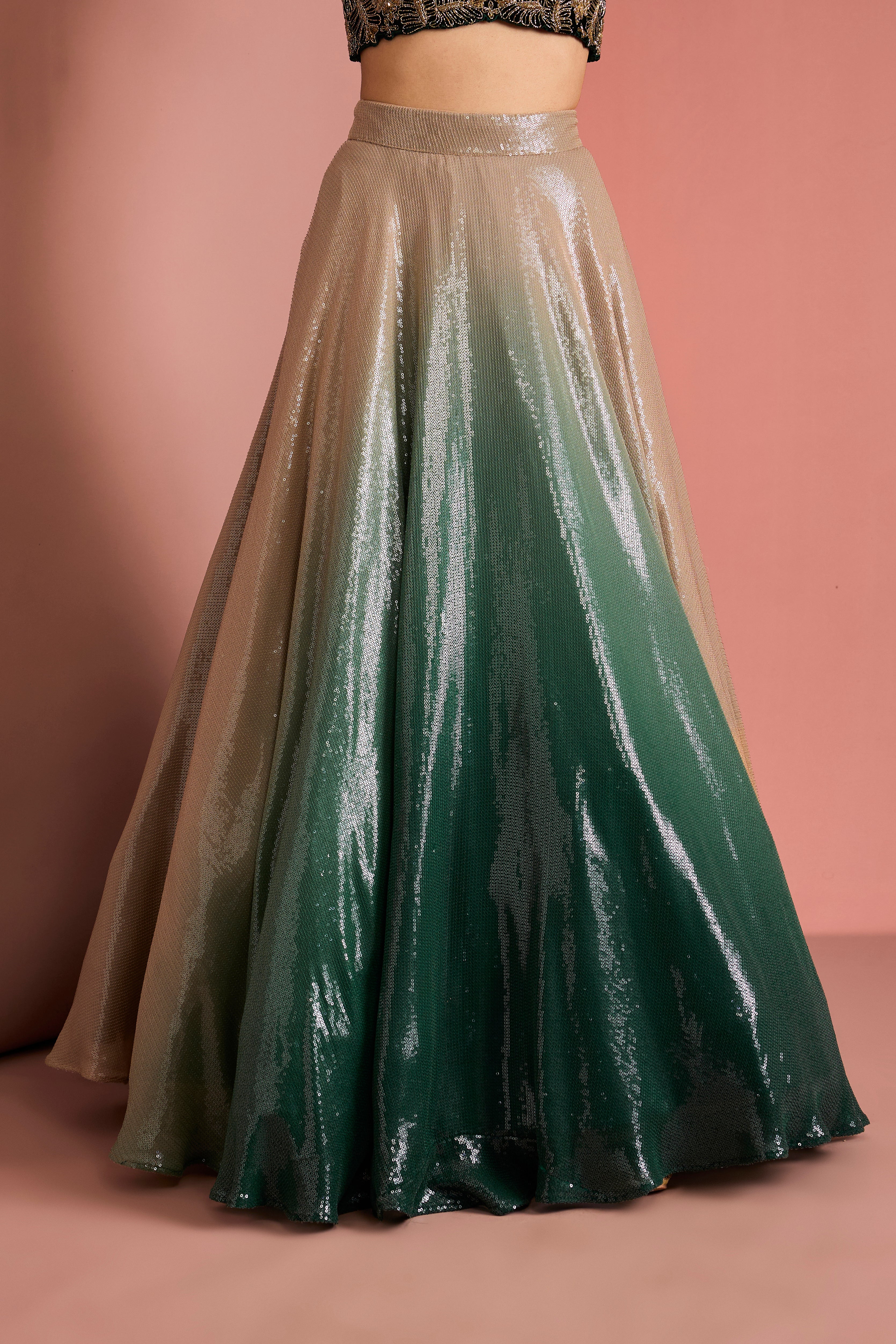DARK GREEN SEQUINS SHEETING OMBRE LEHENGA SET