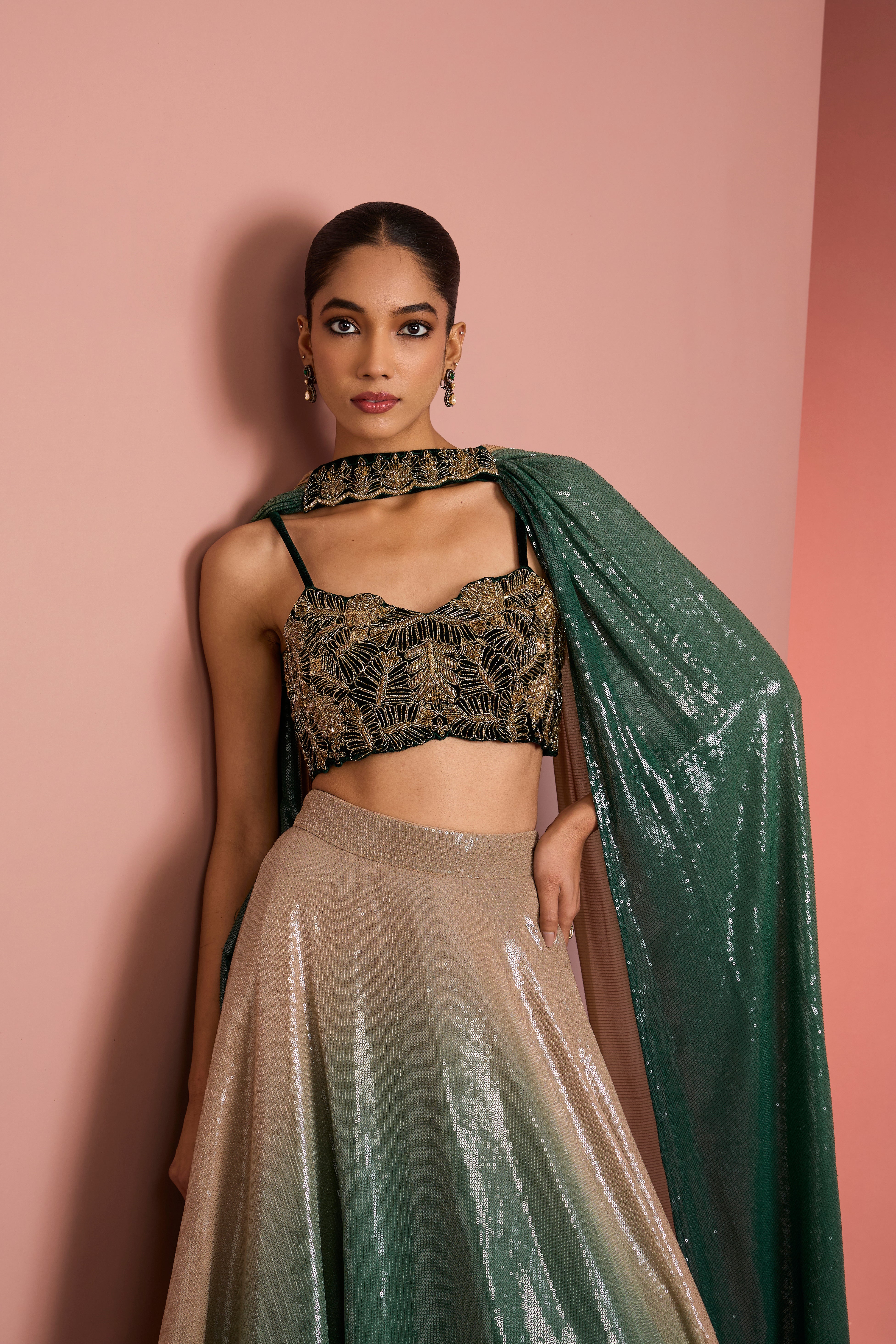 DARK GREEN SEQUINS SHEETING OMBRE LEHENGA SET