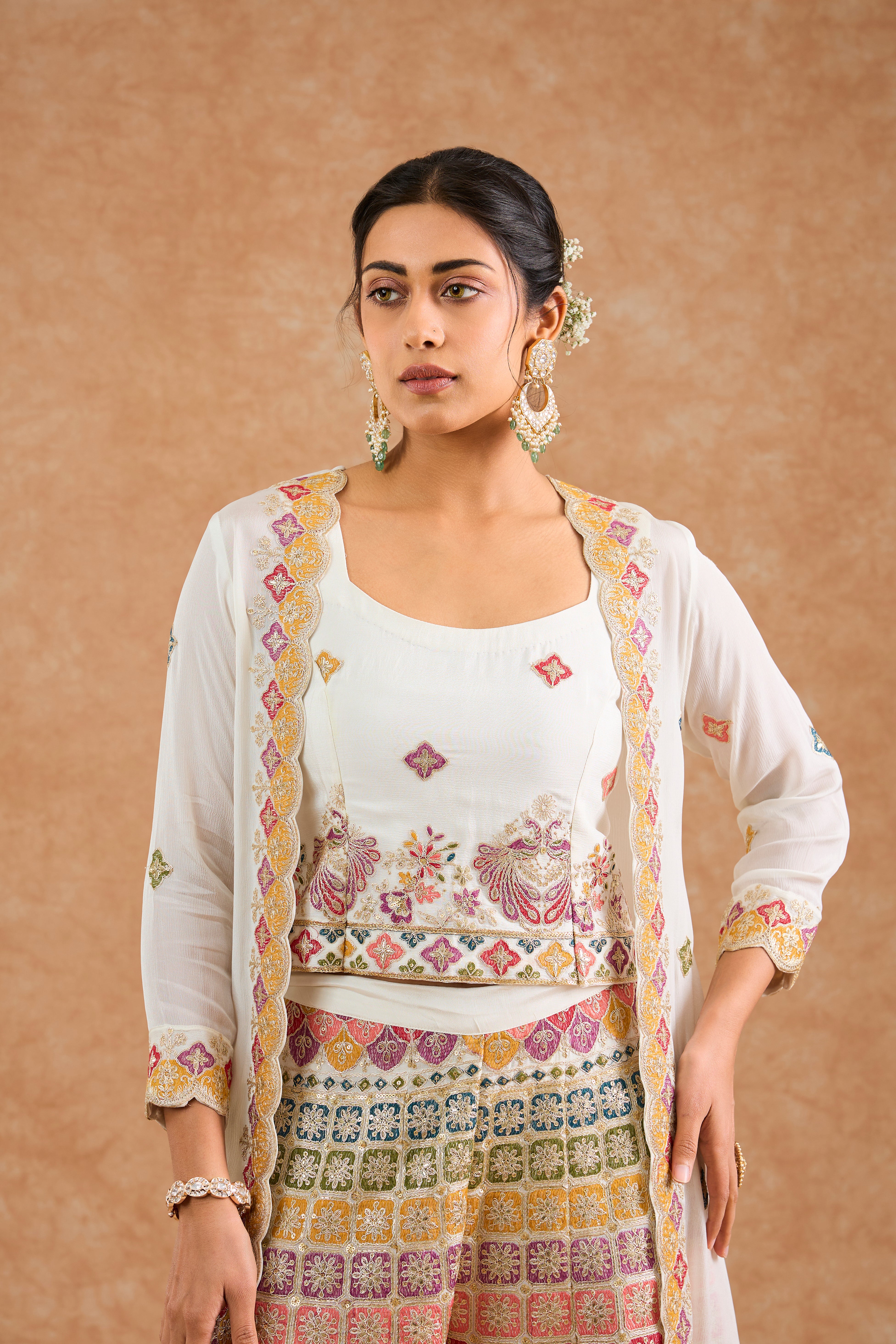 Off White Chinon Multocolored Thread Work Cape Sharara Set