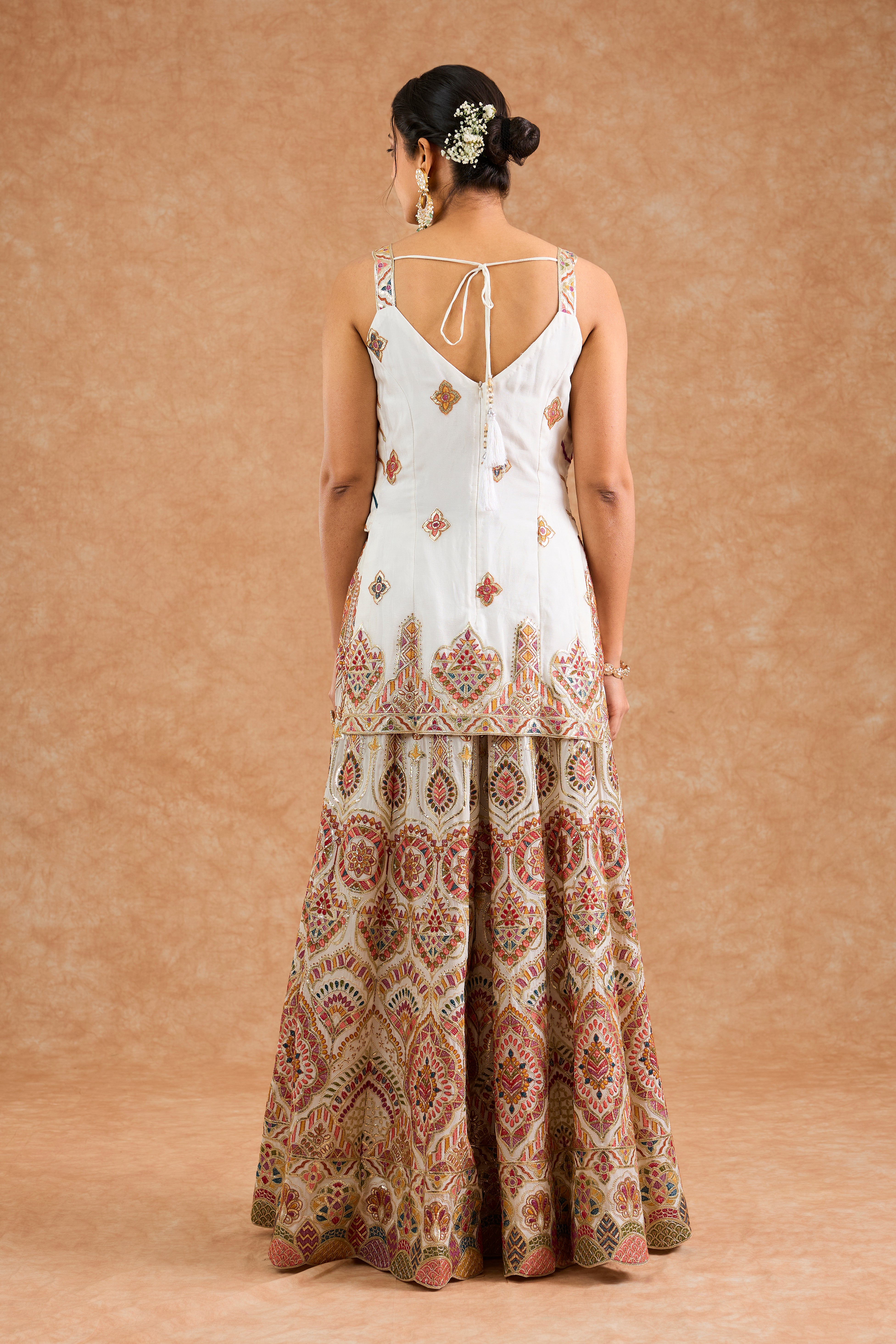 Off White Chinon Multocolored Thread Work Sharara Set