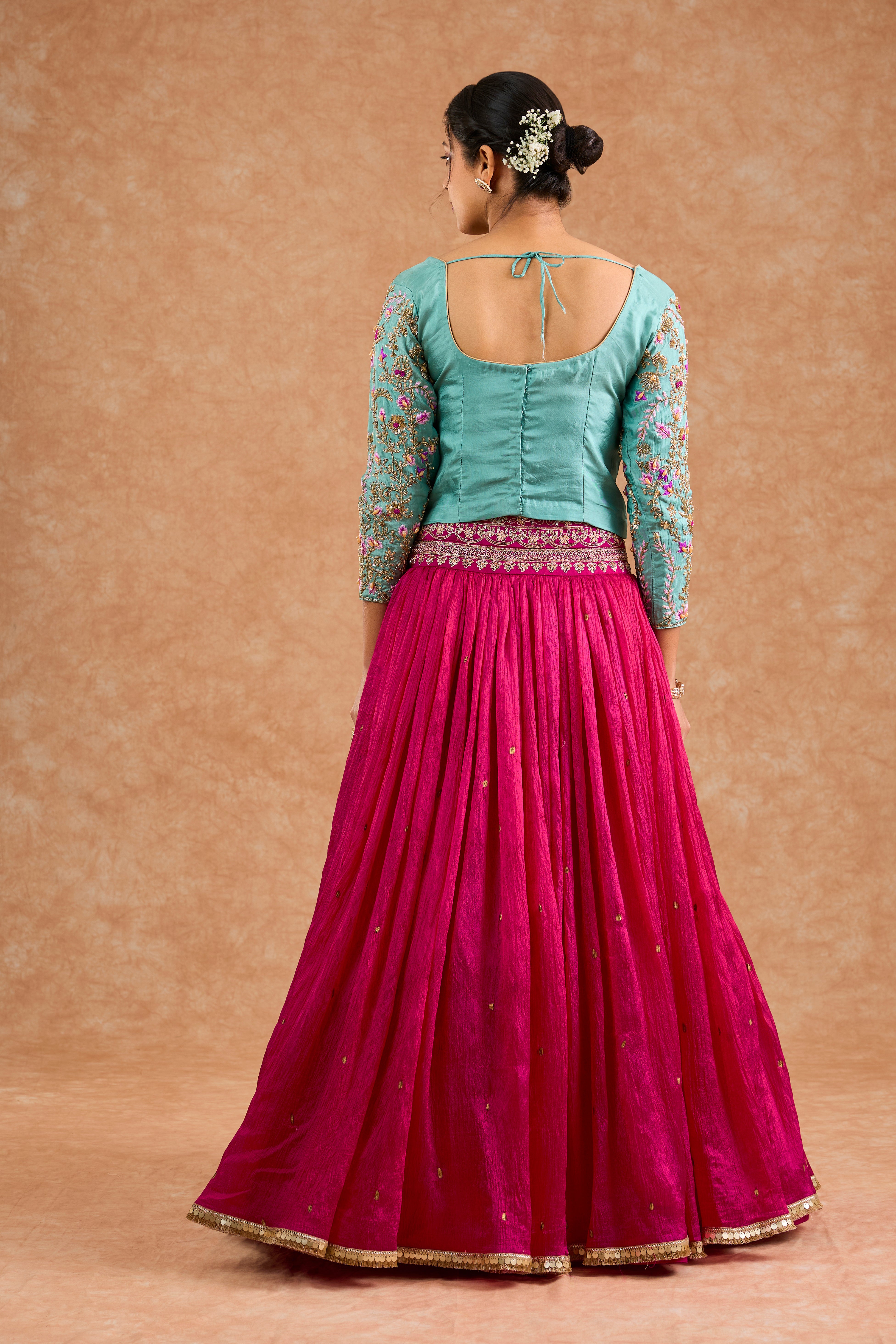 Hot Pink And Teal Viscose Silk Hand Embroidered Lehenga Set