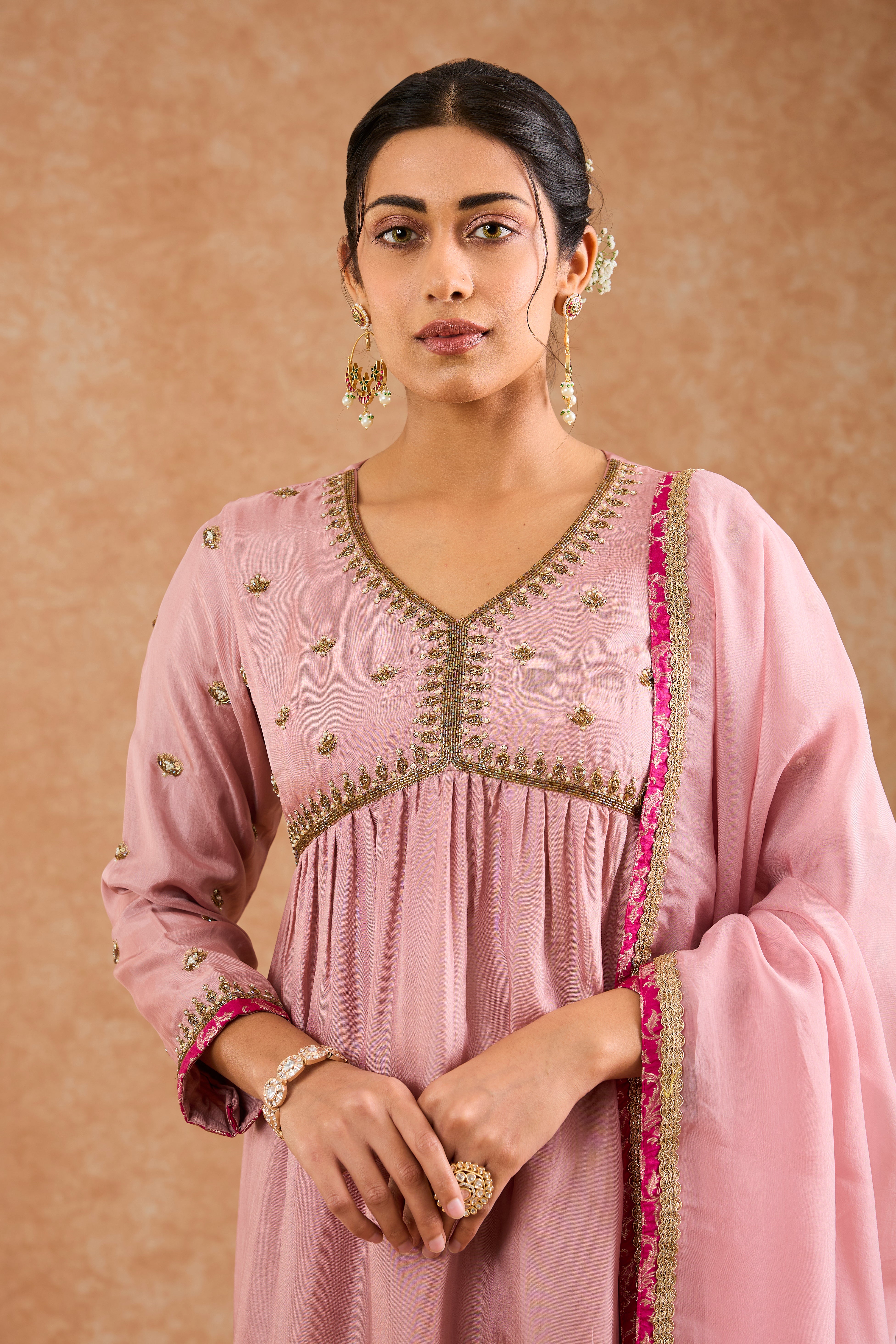 Dull Pink Viscose Opara Silk Hand Embroidered Kurta Set