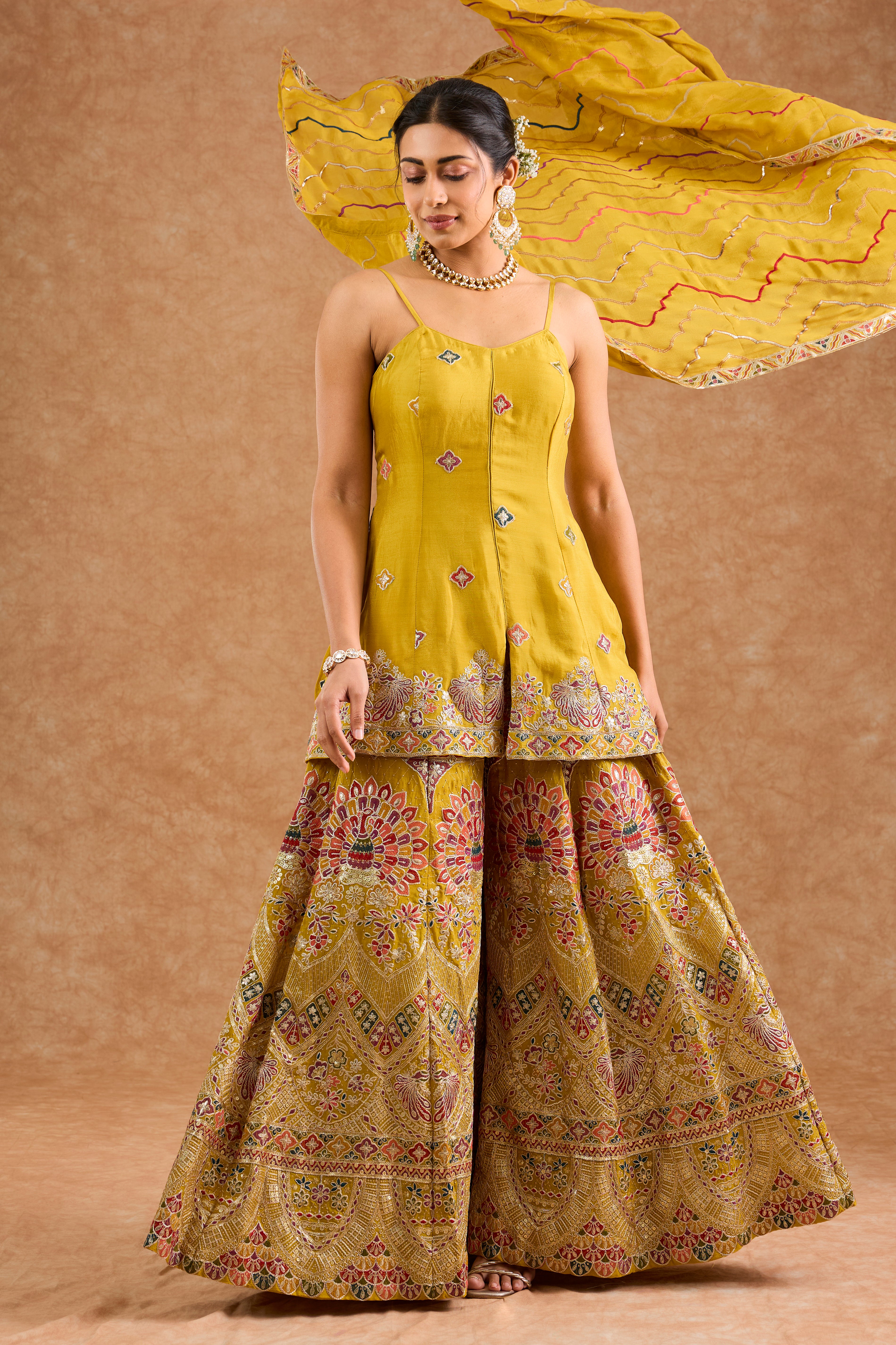 Mustard Chinon Multocolored Thread Work Peplum Sharara Set