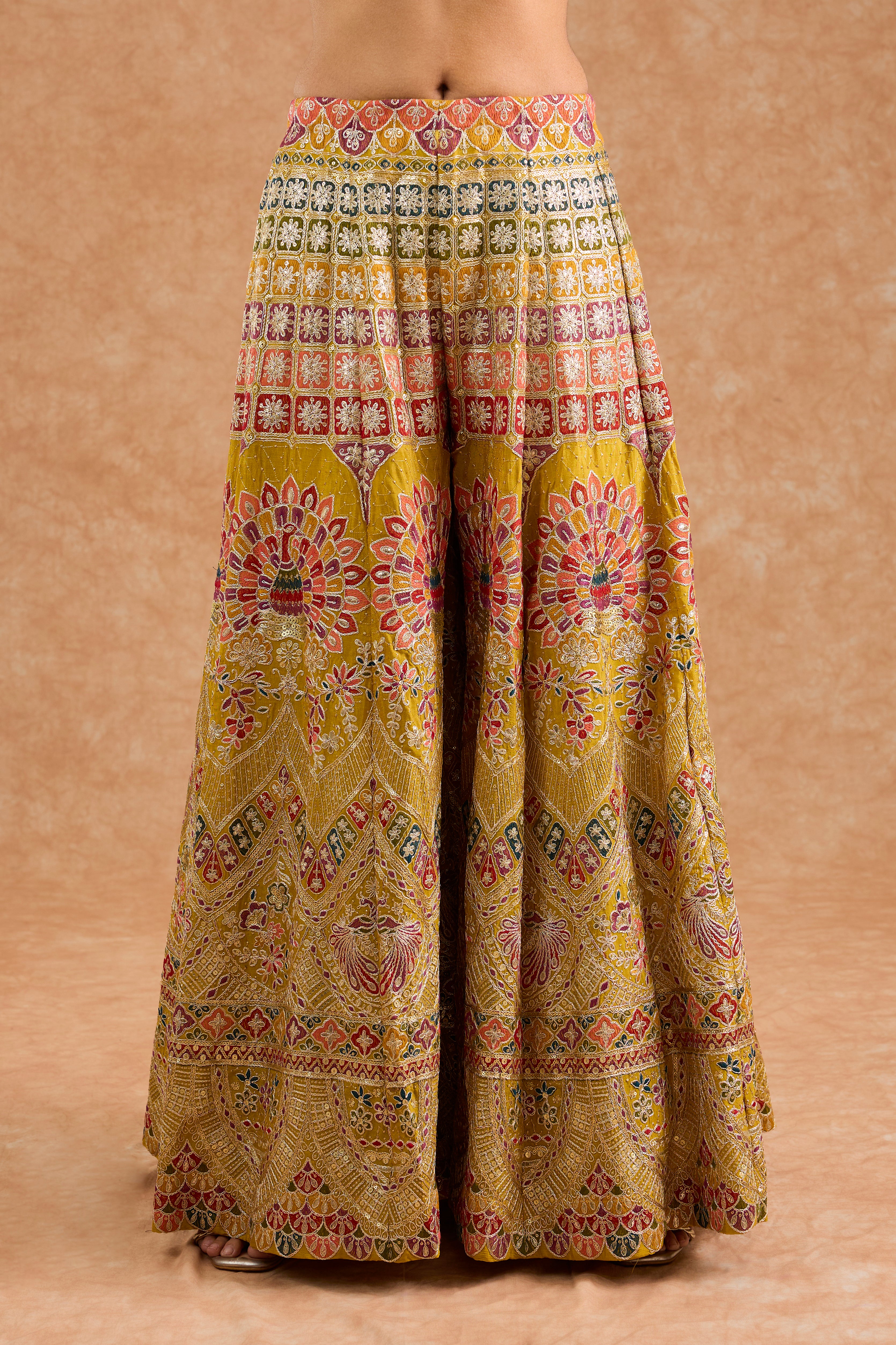 Mustard Chinon Multocolored Thread Work Peplum Sharara Set