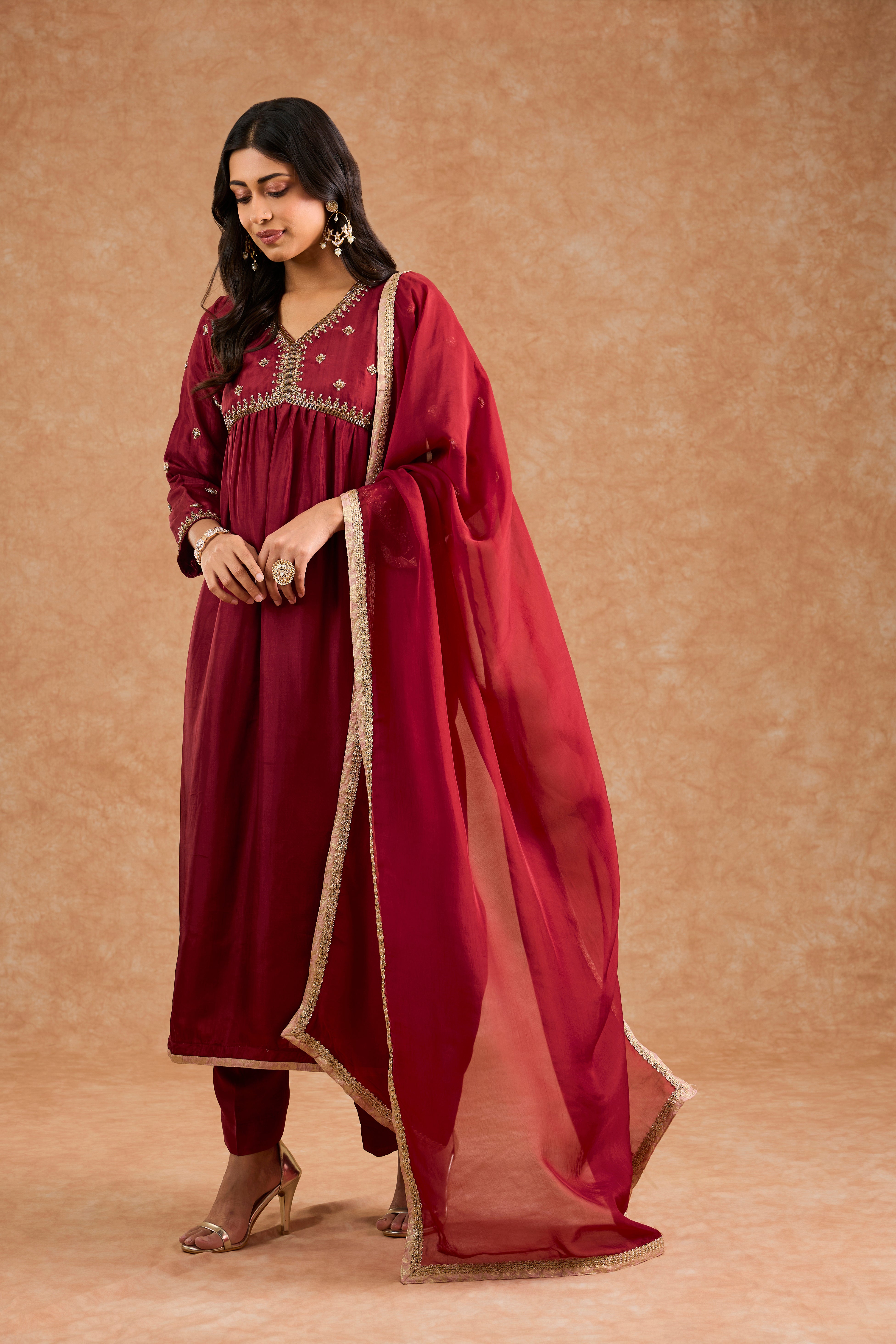 Maroon Viscose Opara Silk Hand Embroidered Kurta Set