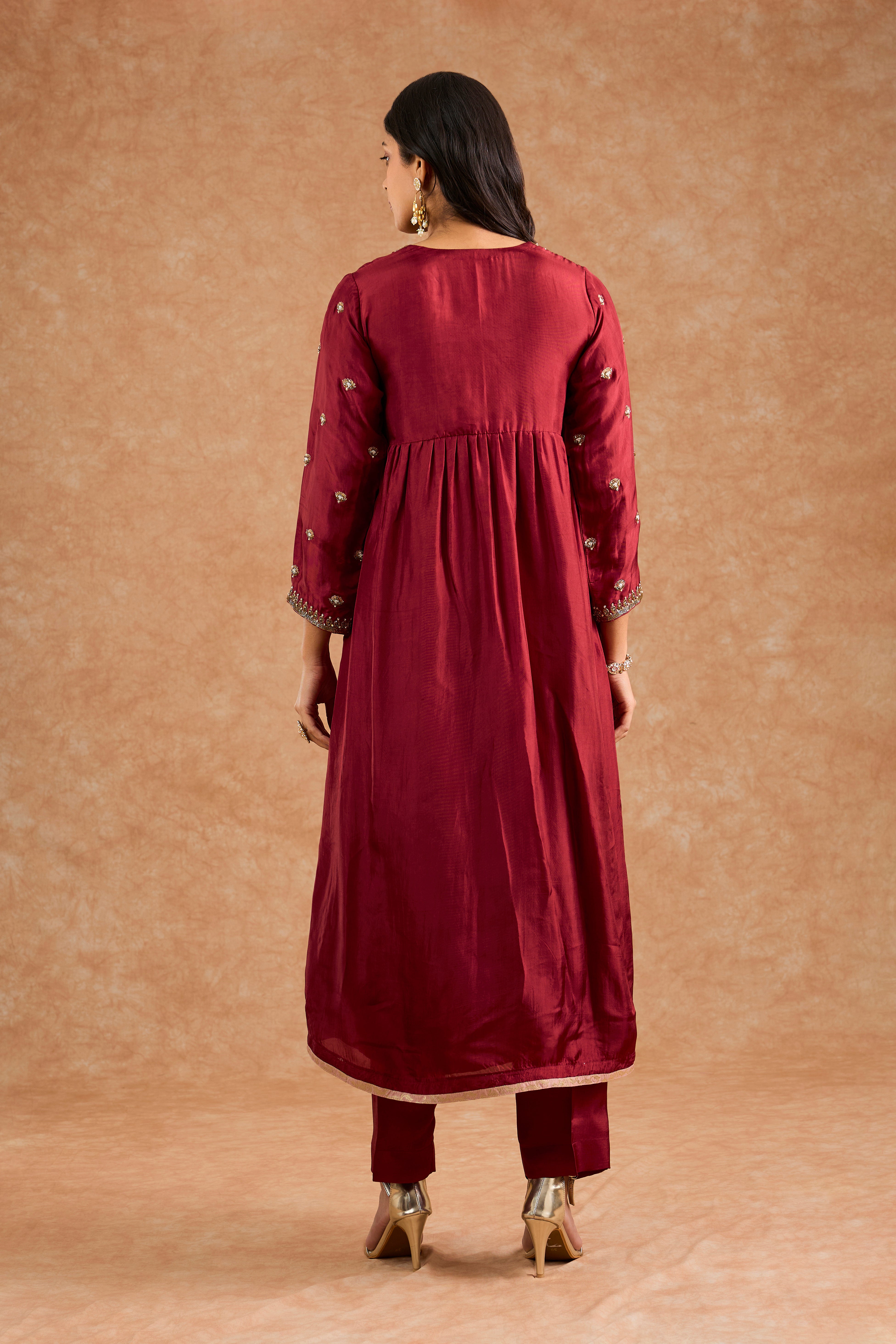 Maroon Viscose Opara Silk Hand Embroidered Kurta Set