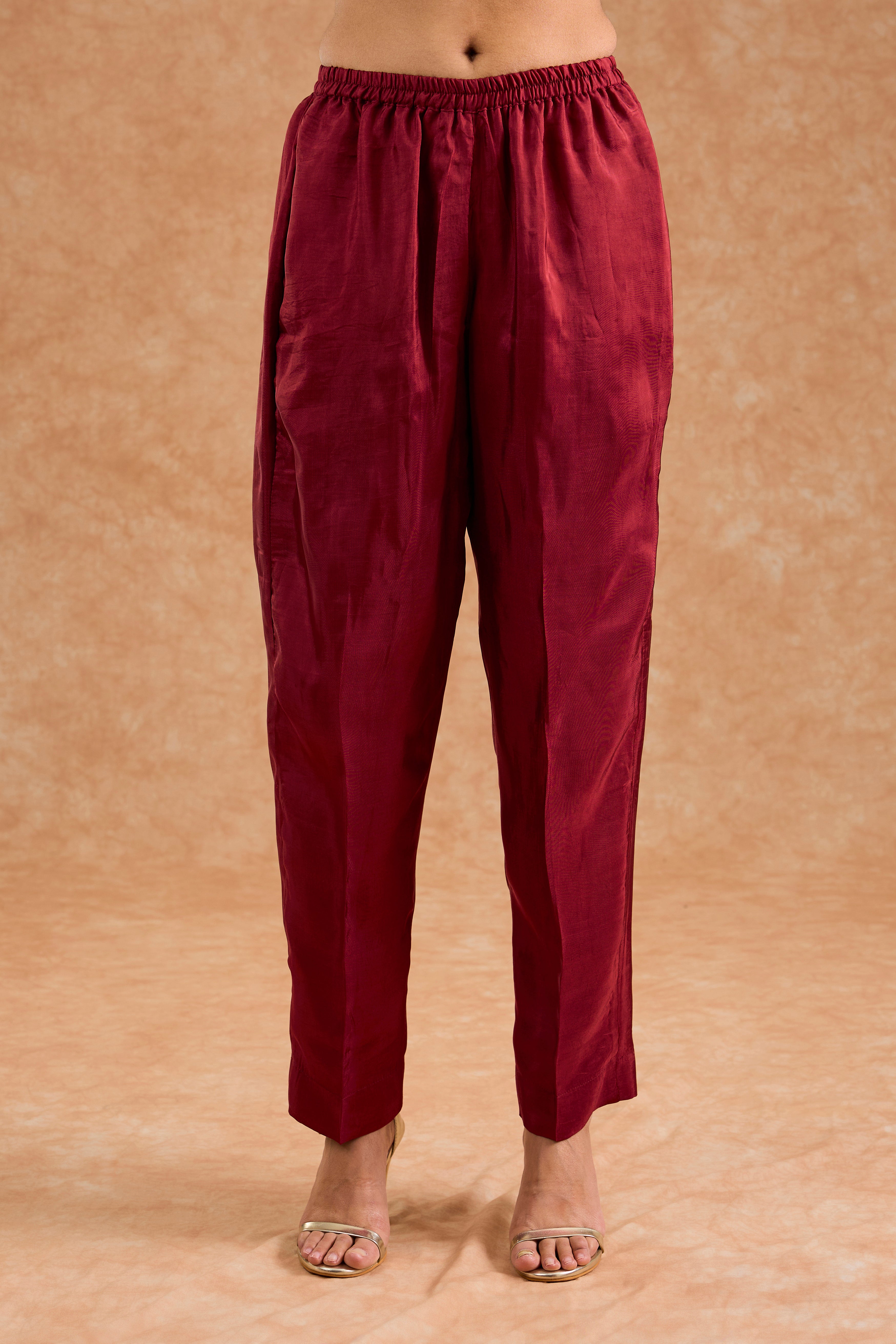 Maroon Viscose Opara Silk Hand Embroidered Kurta Set