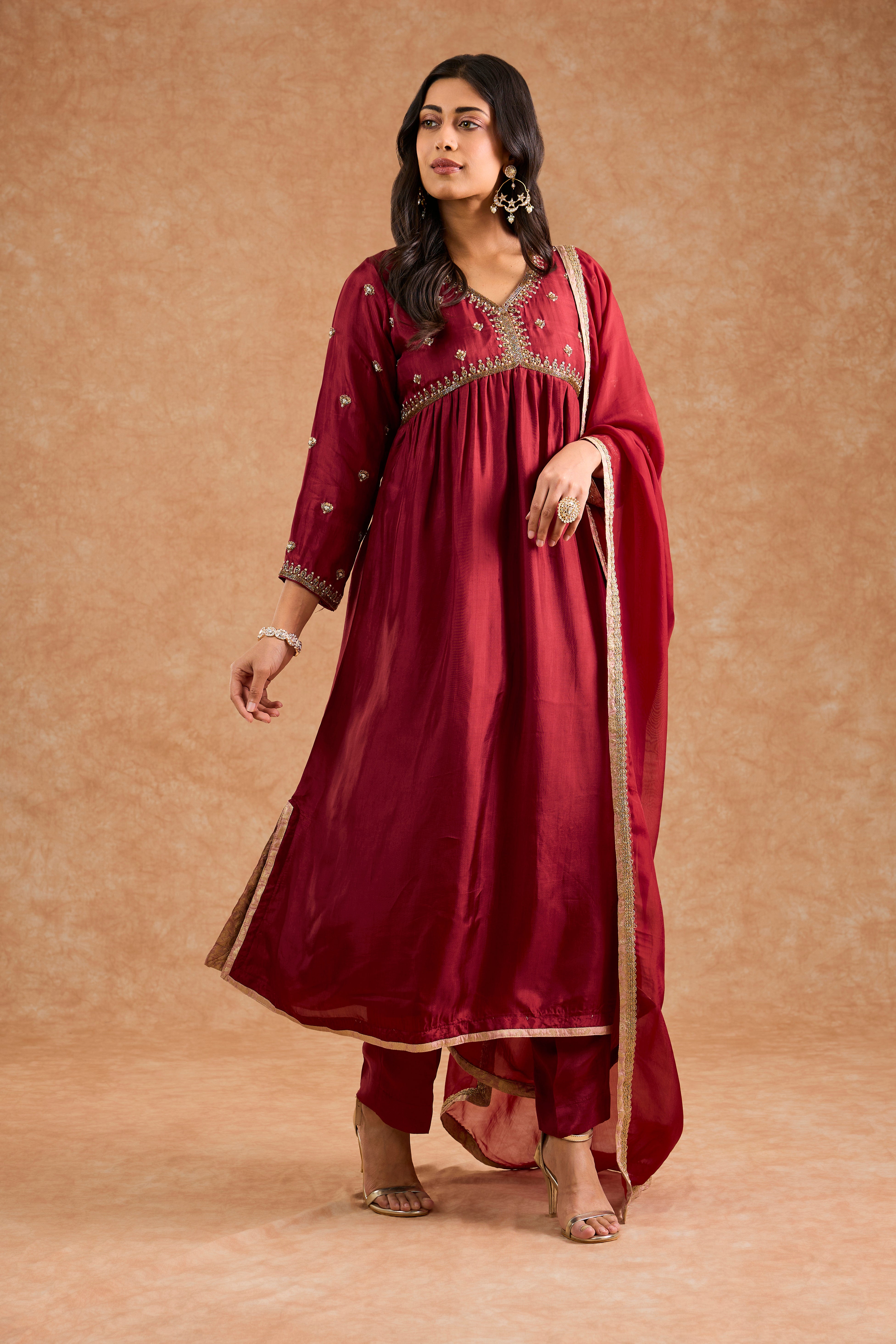 Maroon Viscose Opara Silk Hand Embroidered Kurta Set