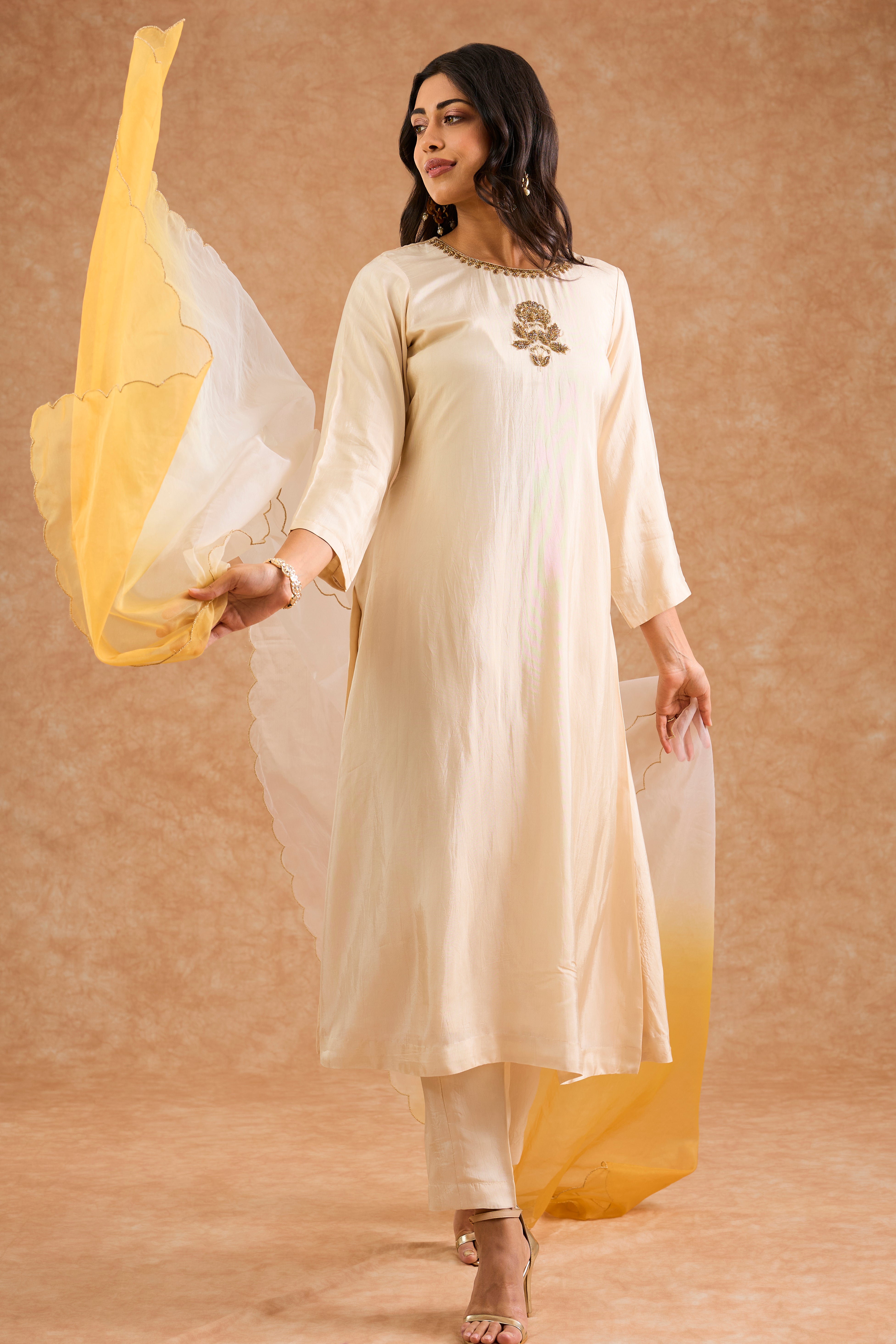 Ivory Opara Silk Hand Embroidered Kurta Set