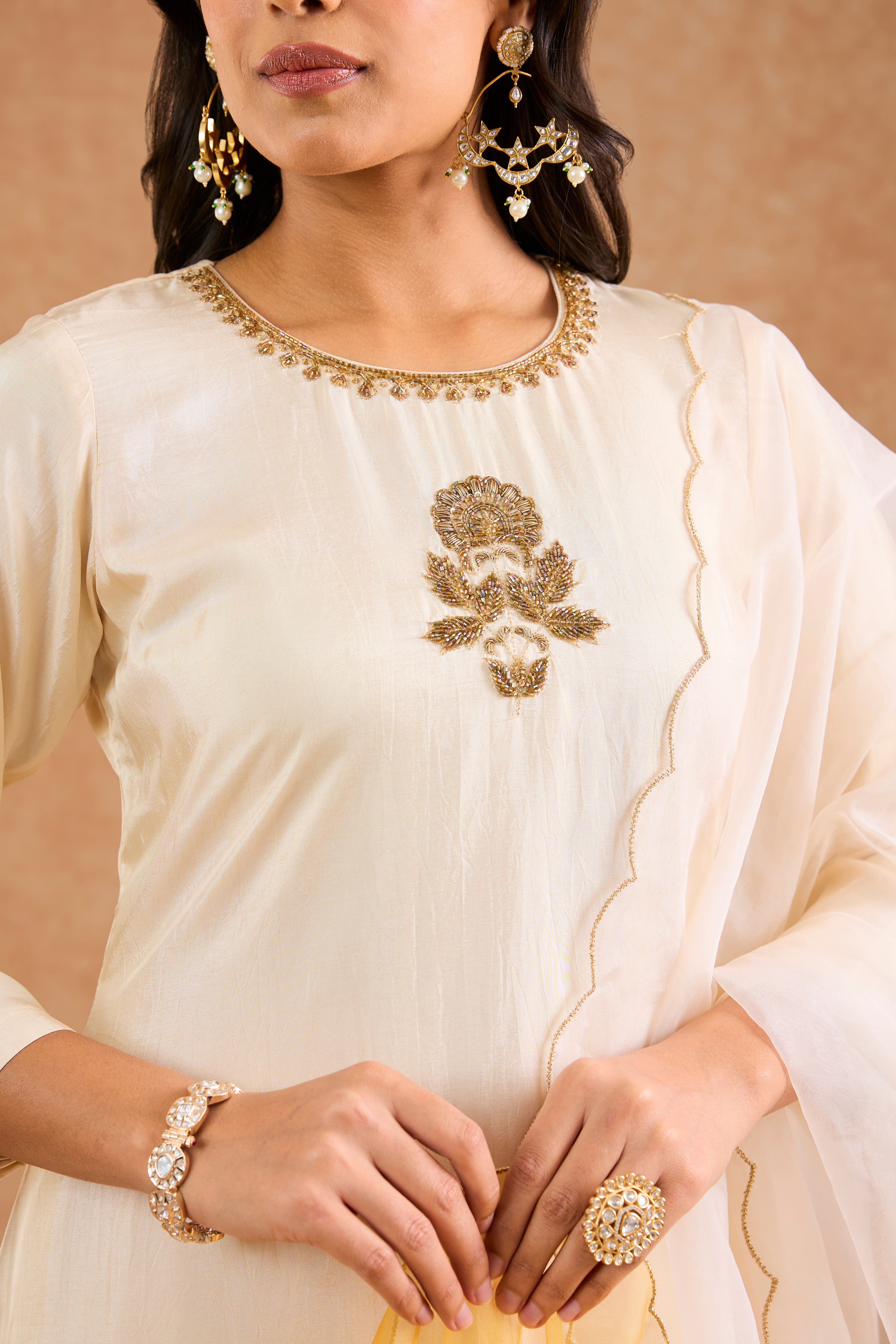 Ivory Opara Silk Hand Embroidered Kurta Set