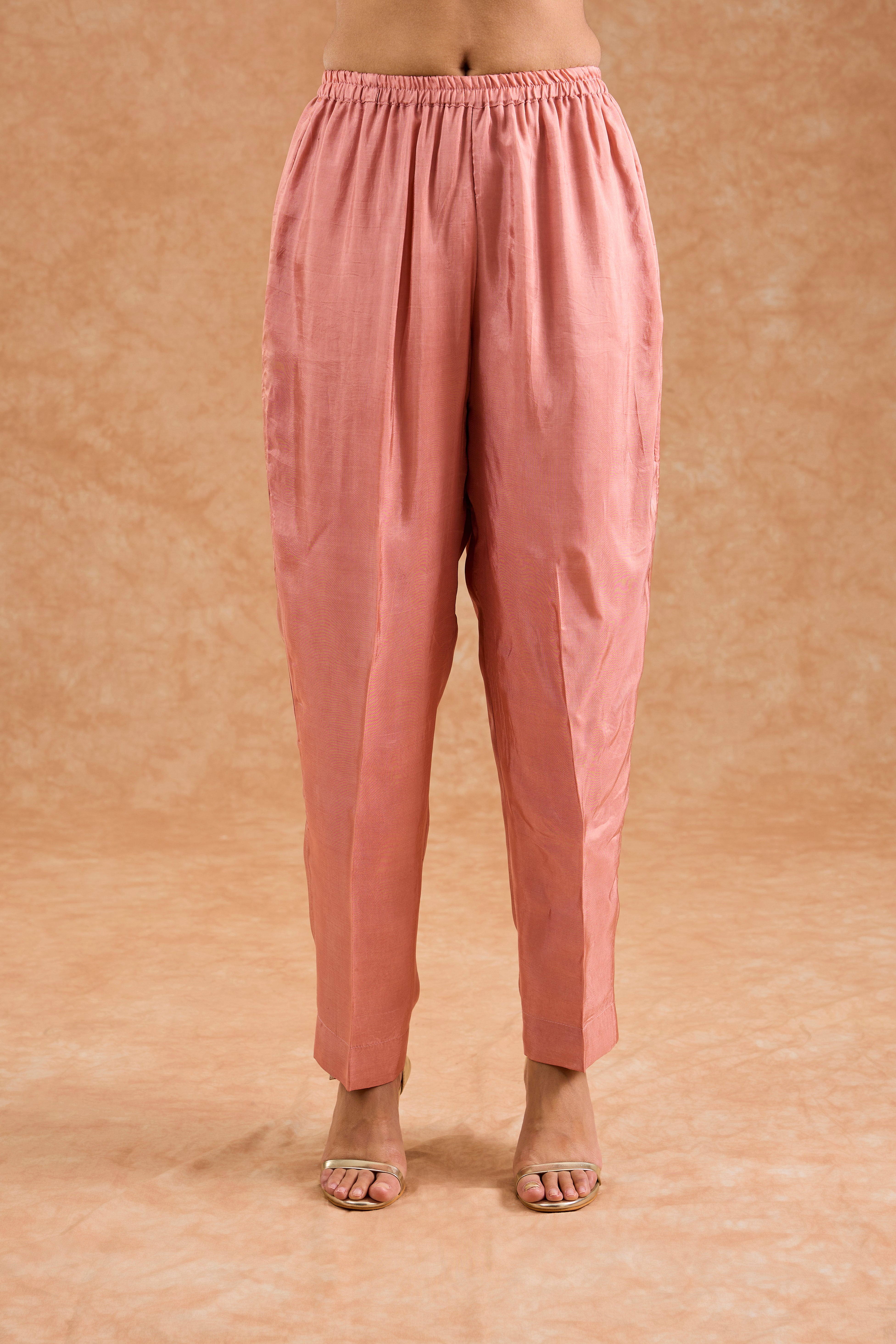 Dull Peach Opara Silk Hand Embroidered Kurta Set