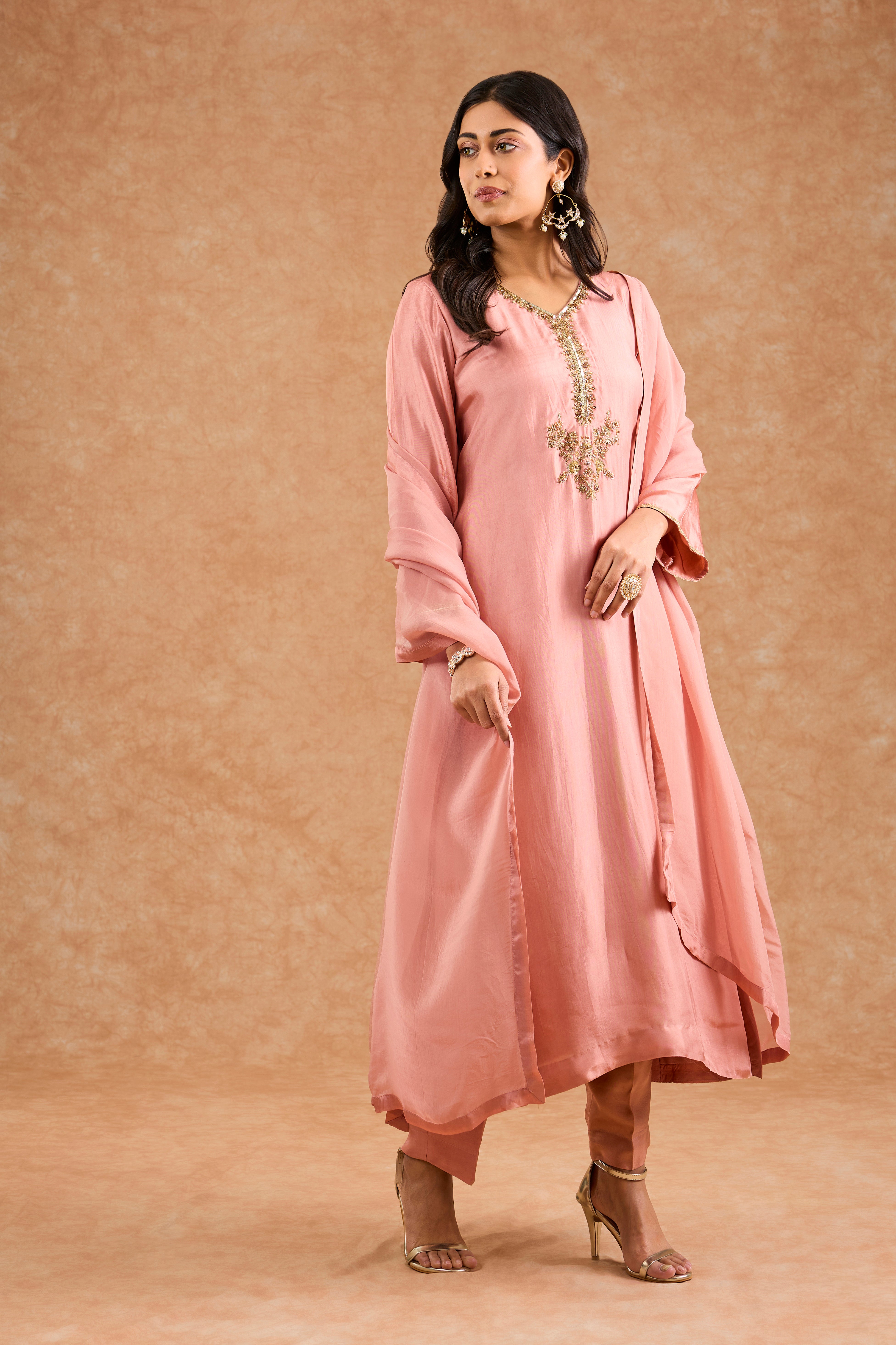 Dull Peach Opara Silk Hand Embroidered Kurta Set