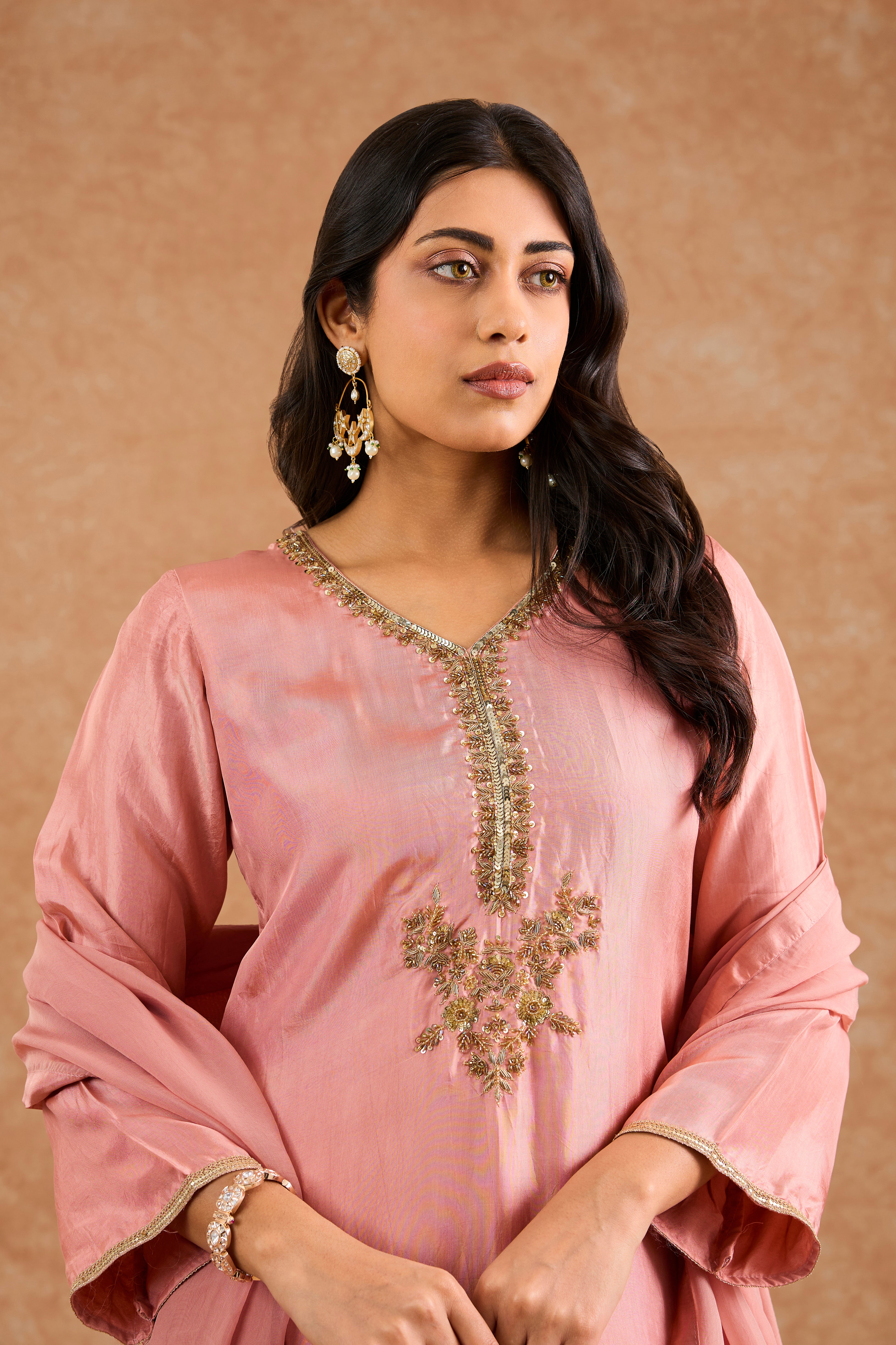 Dull Peach Opara Silk Hand Embroidered Kurta Set
