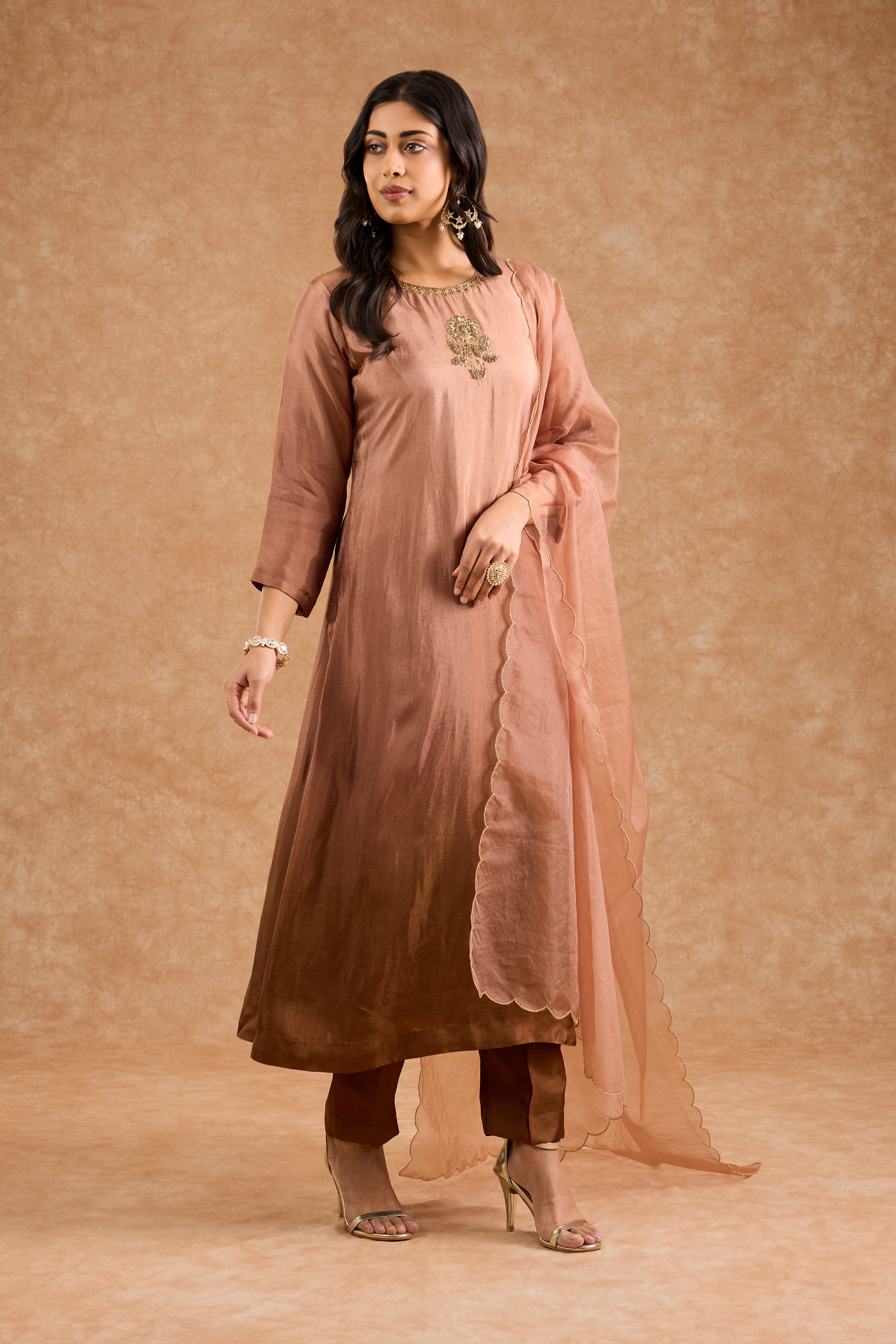Brown Ombre Opara Silk Hand Embroidered Kurta Set