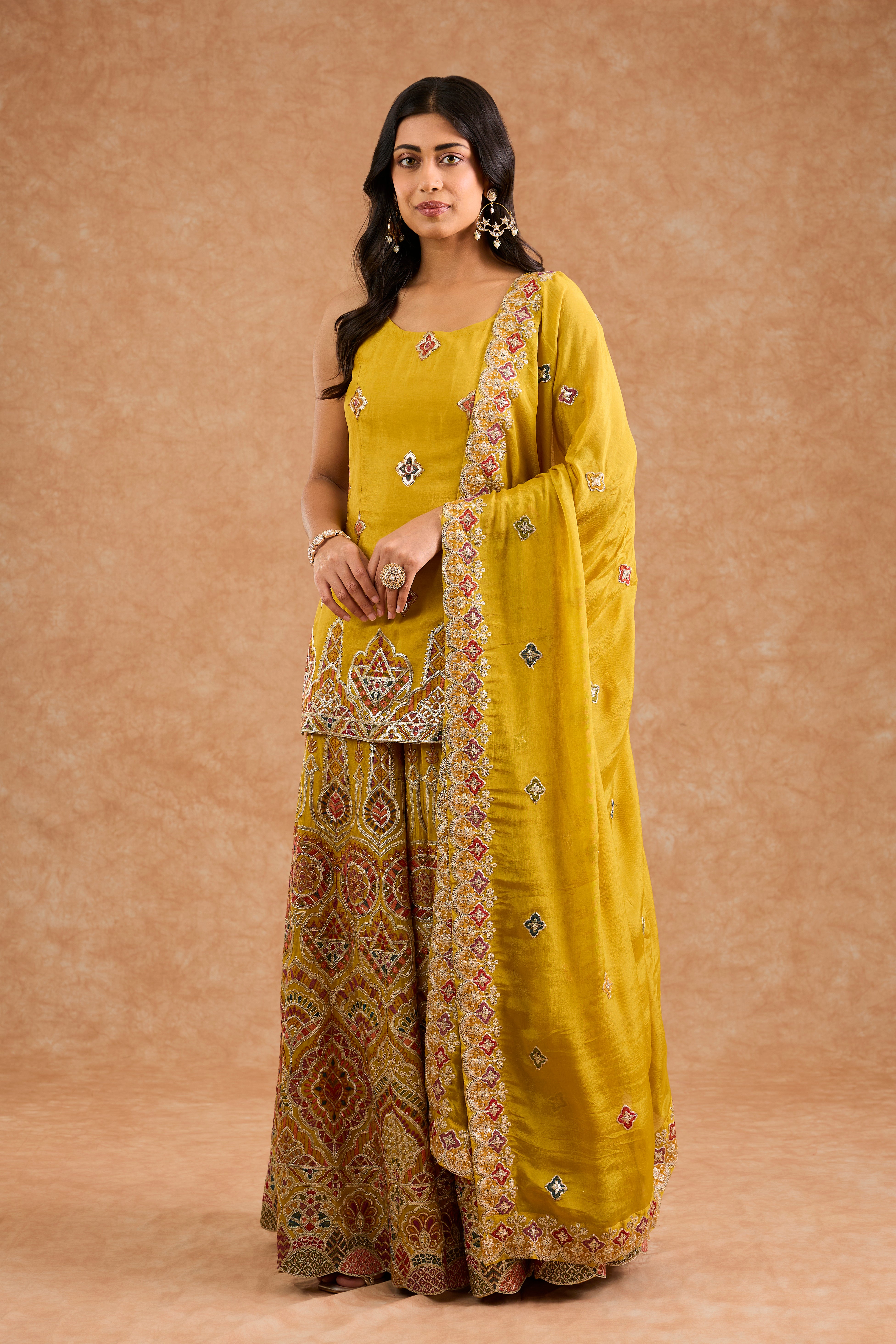 Mustard Chinon Multocolored Thread Work Sharara Set