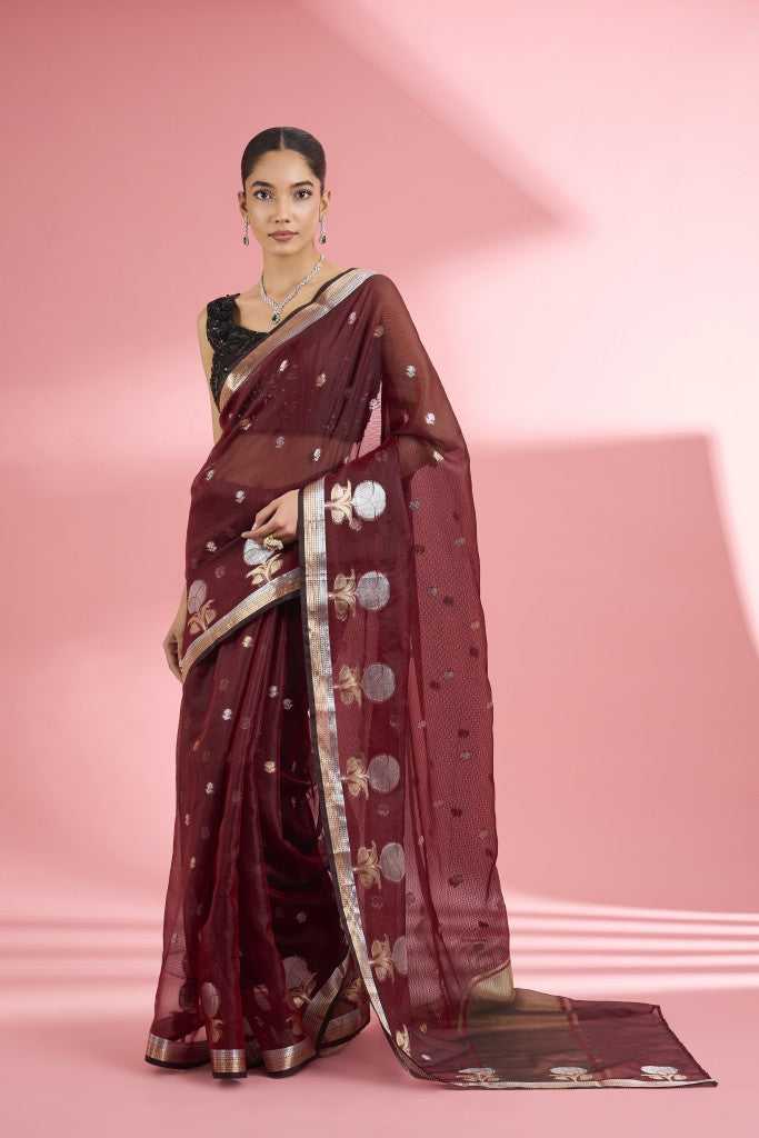 Dark Maroon Premium Kota Doria Silk Saree And Blouse Piece .