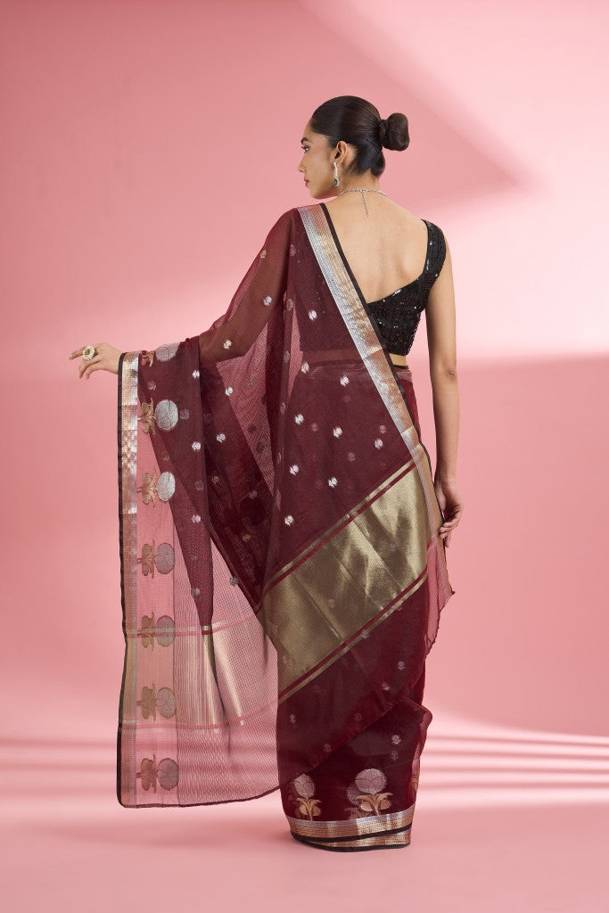 Dark Maroon Premium Kota Doria Silk Saree And Blouse Piece .