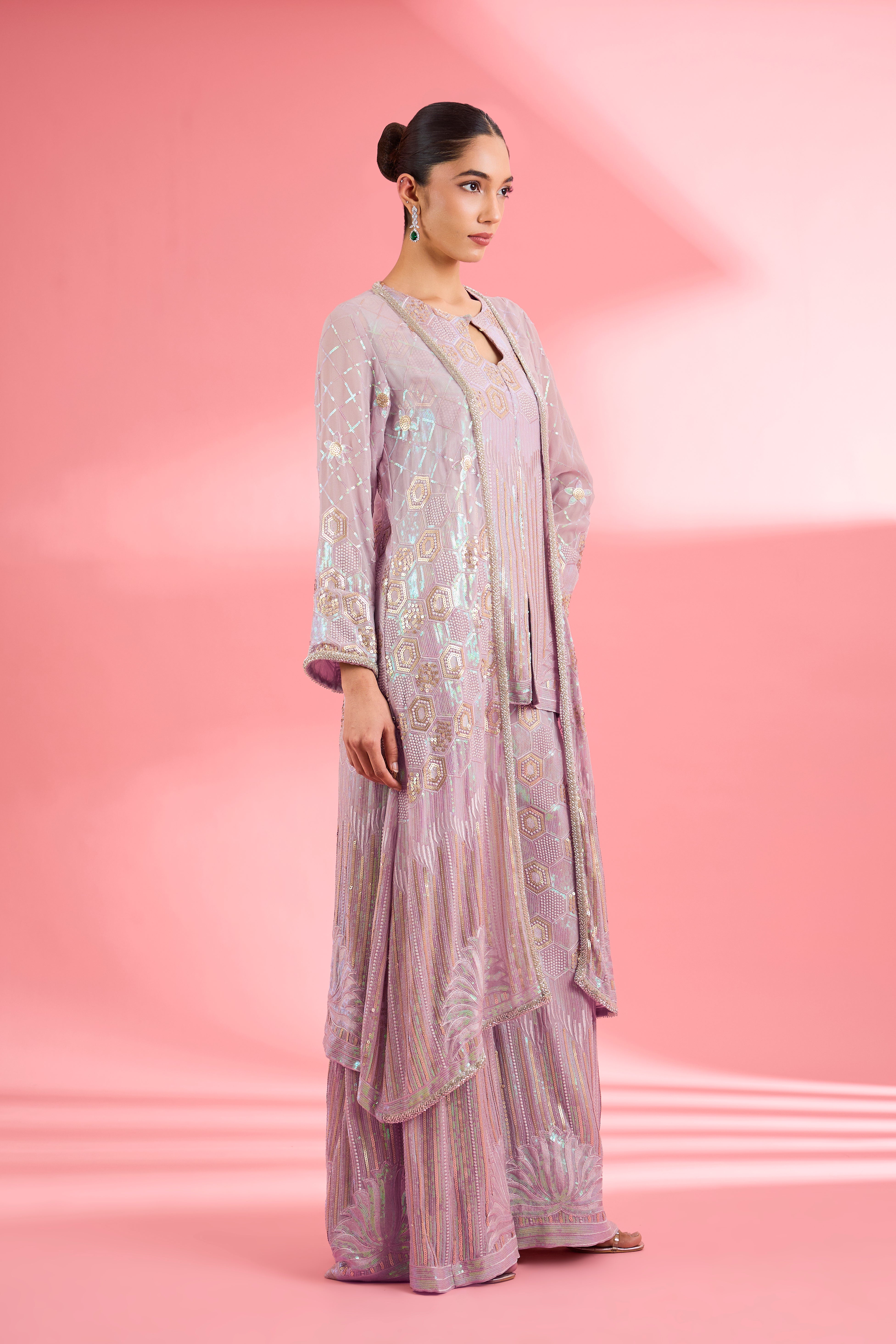 Dull Pink Georgette Sharara Cape Set With Thread And Sequin Work