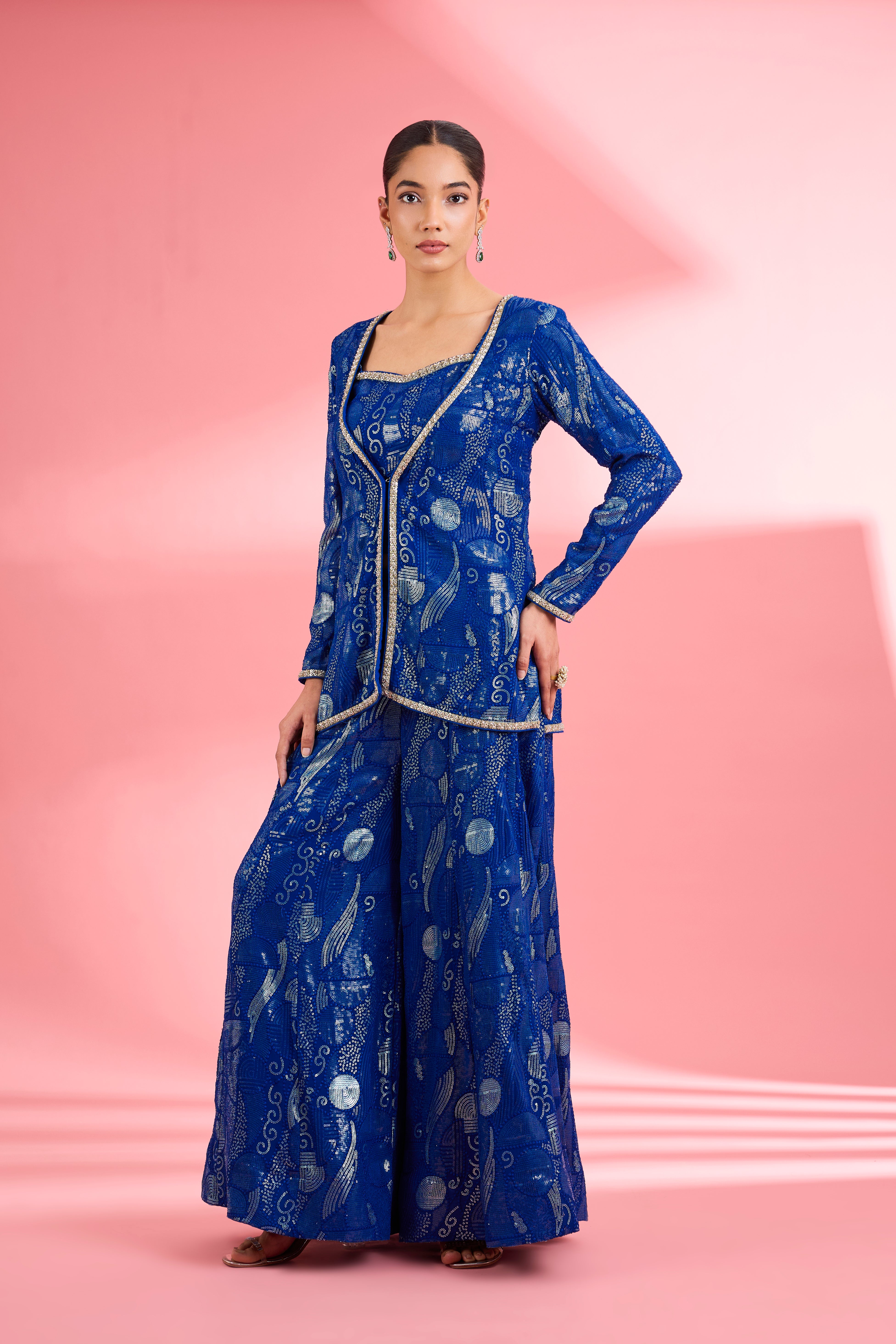 Royal Blue Georgette Sharara Set With Thread And Sequin Work