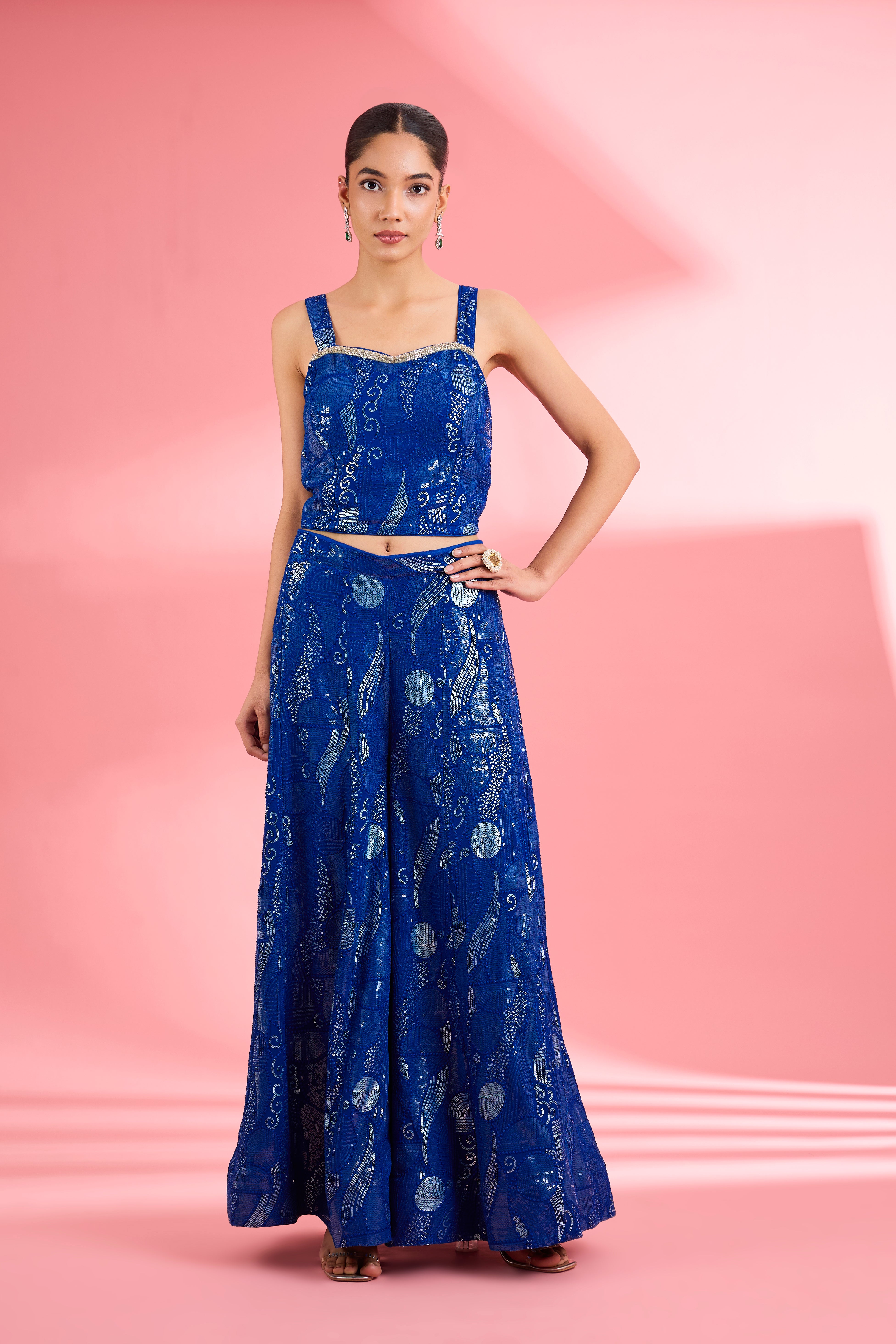 Royal Blue Georgette Sharara Set With Thread And Sequin Work