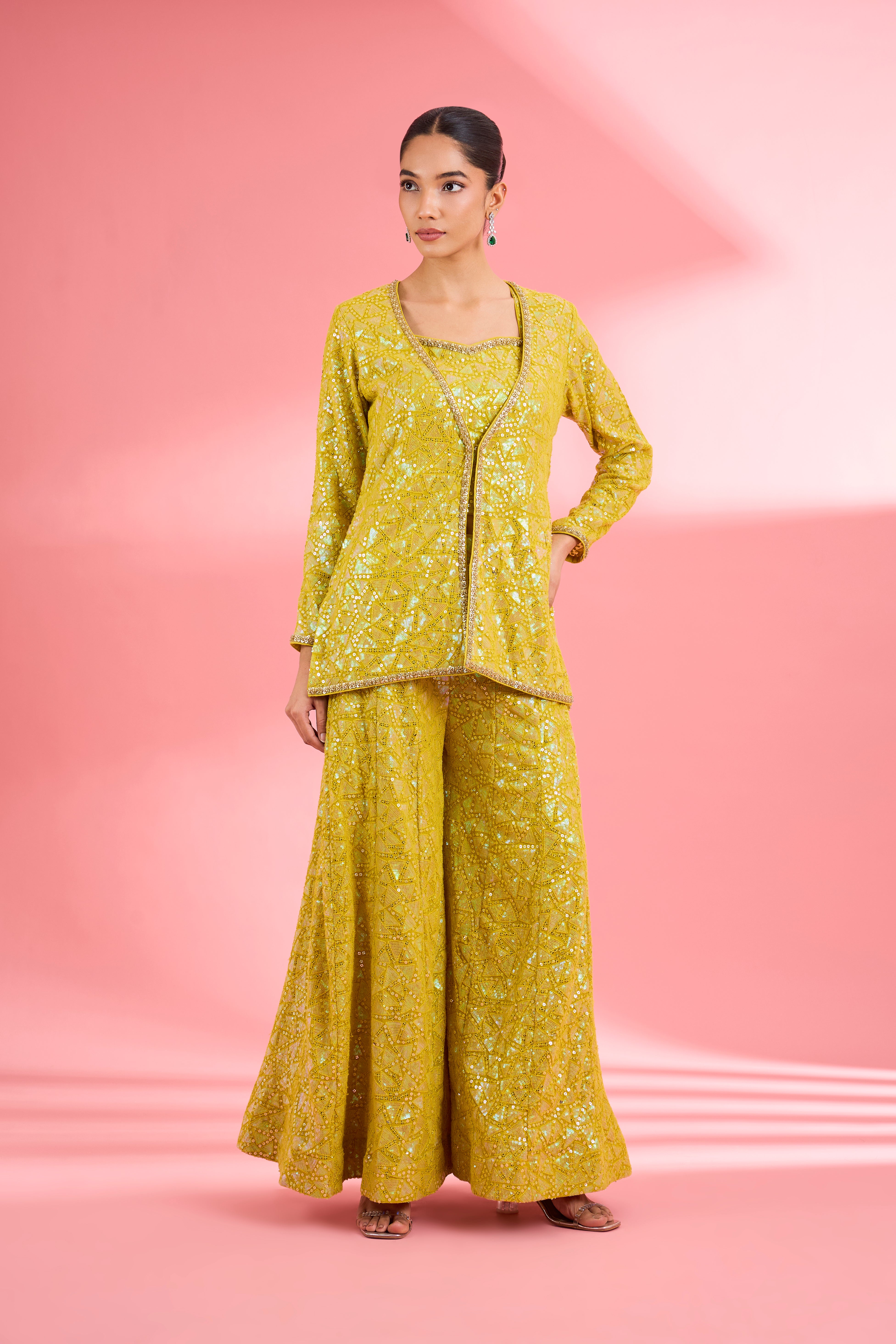 Lime Green Georgette Sharara Set With Thread And Sequin Work