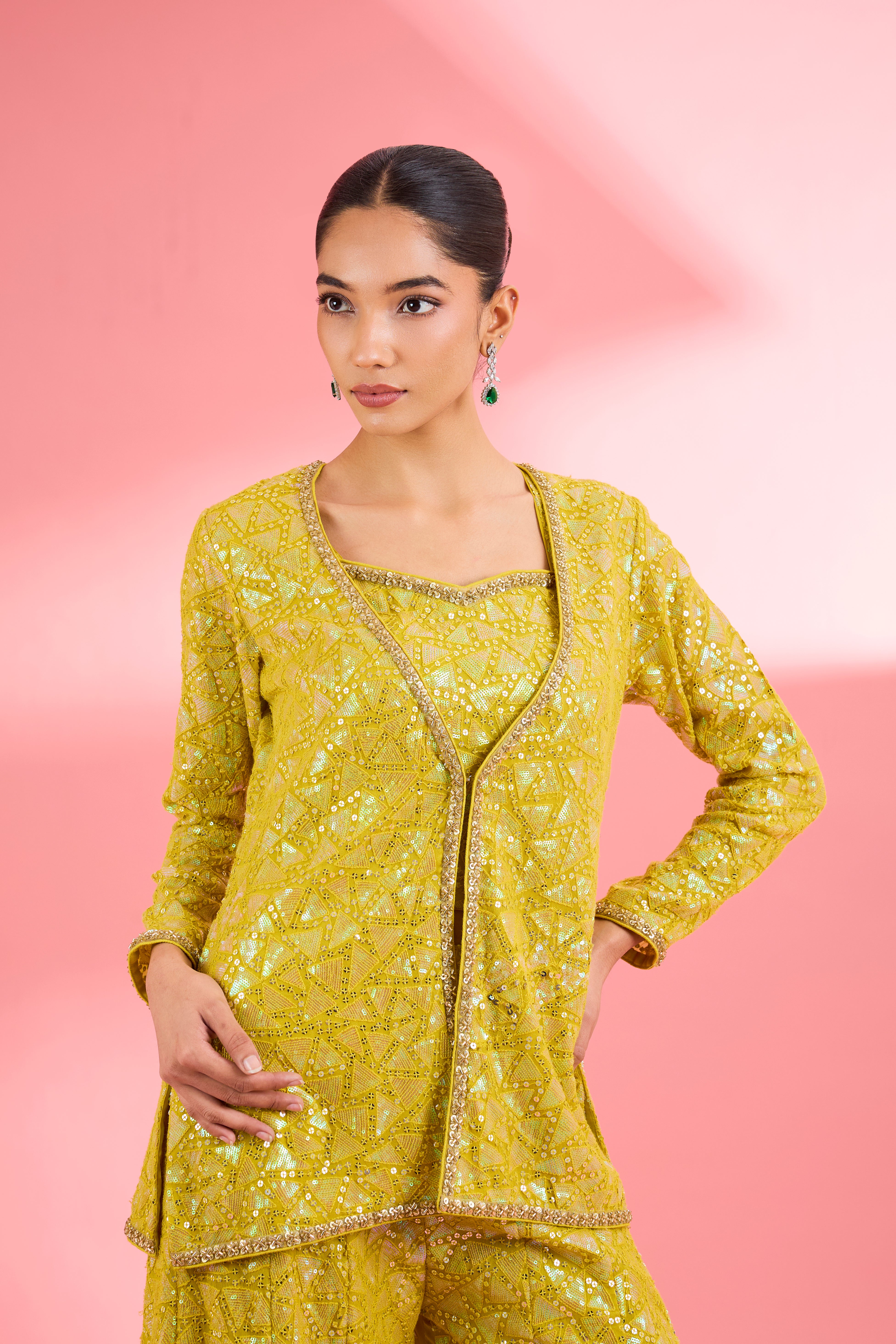Lime Green Georgette Sharara Set With Thread And Sequin Work