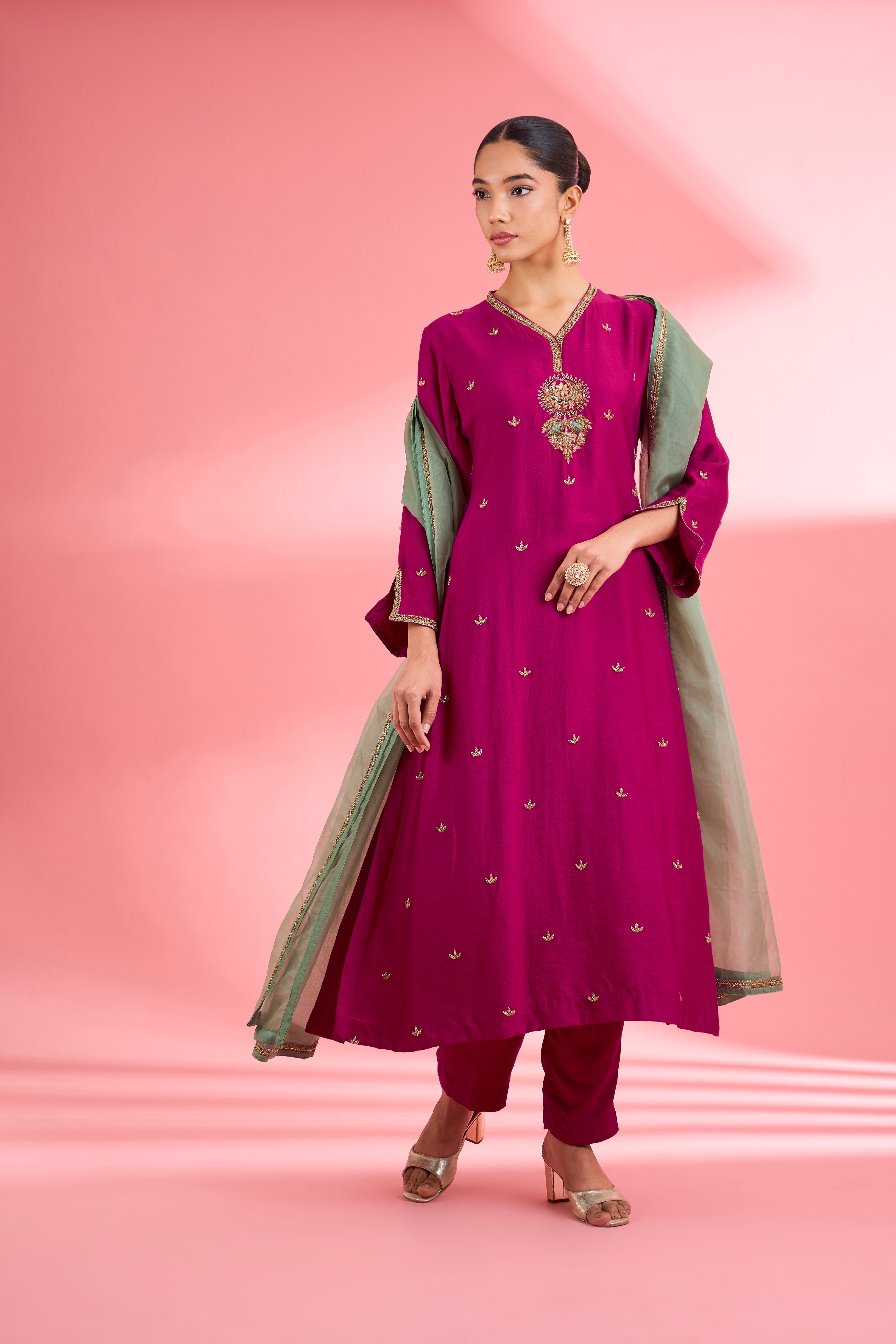 Fuscia Katan Silk Hand Embroidered Kurta Set