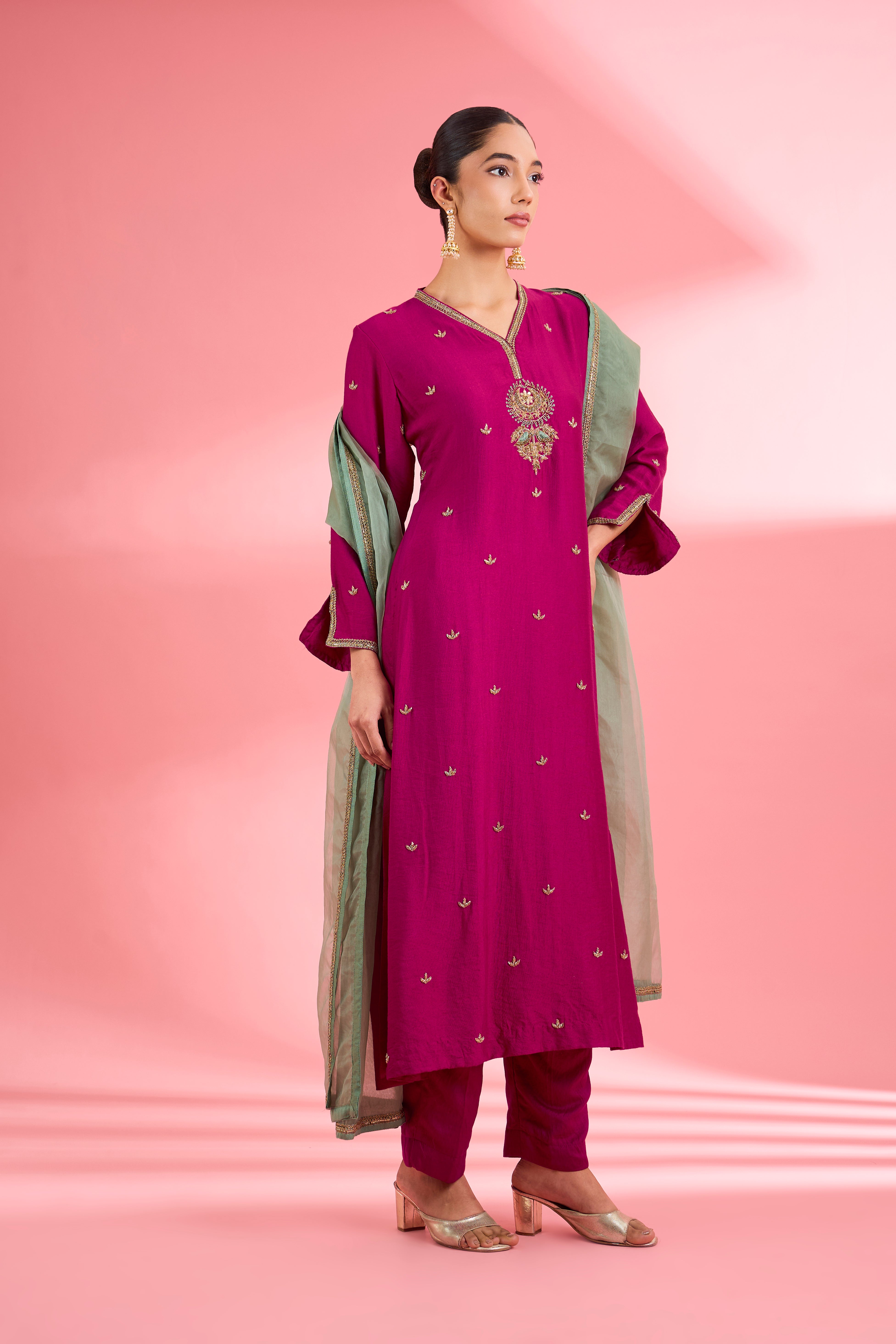 Fuscia Katan Silk Hand Embroidered Kurta Set