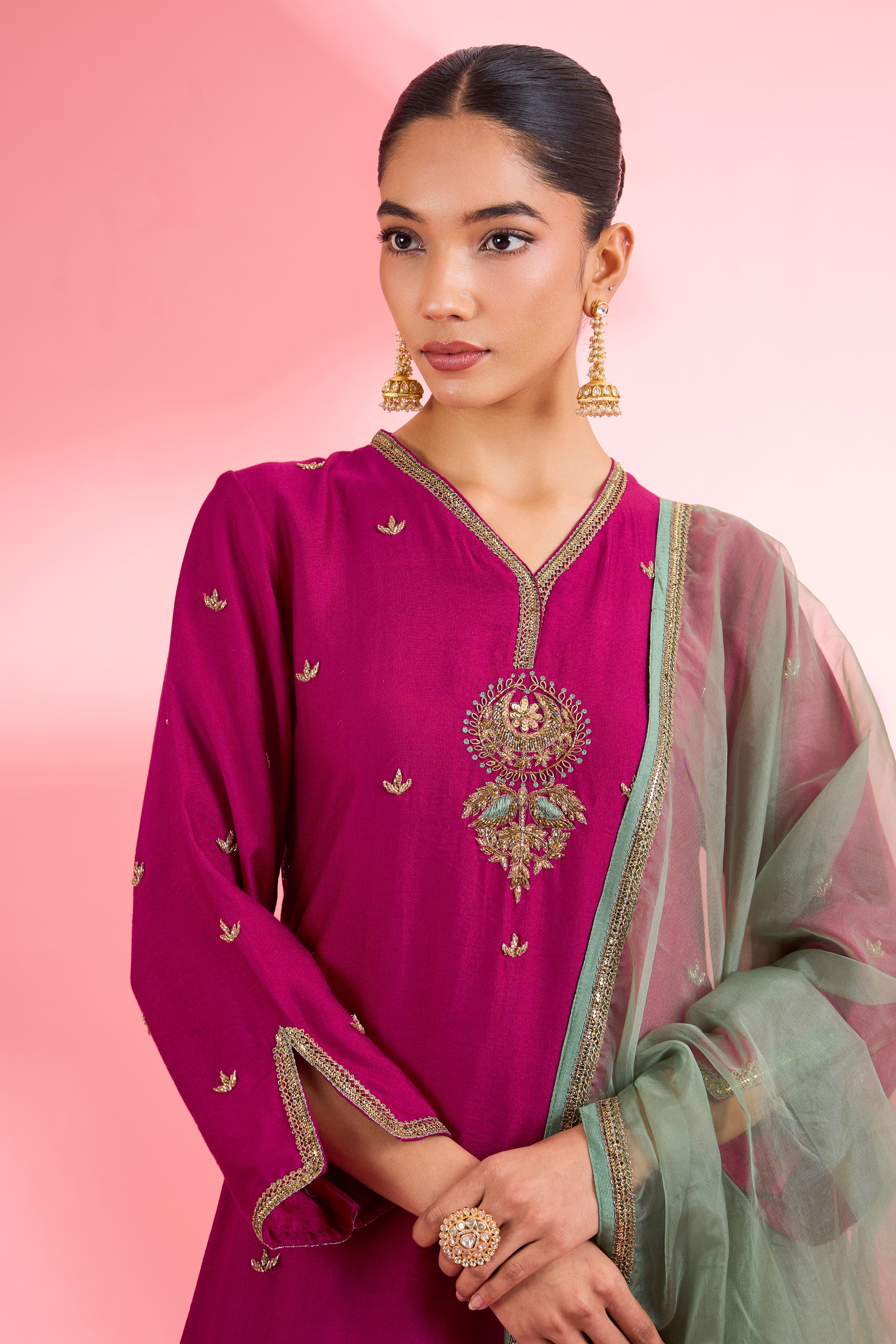 Fuscia Katan Silk Hand Embroidered Kurta Set