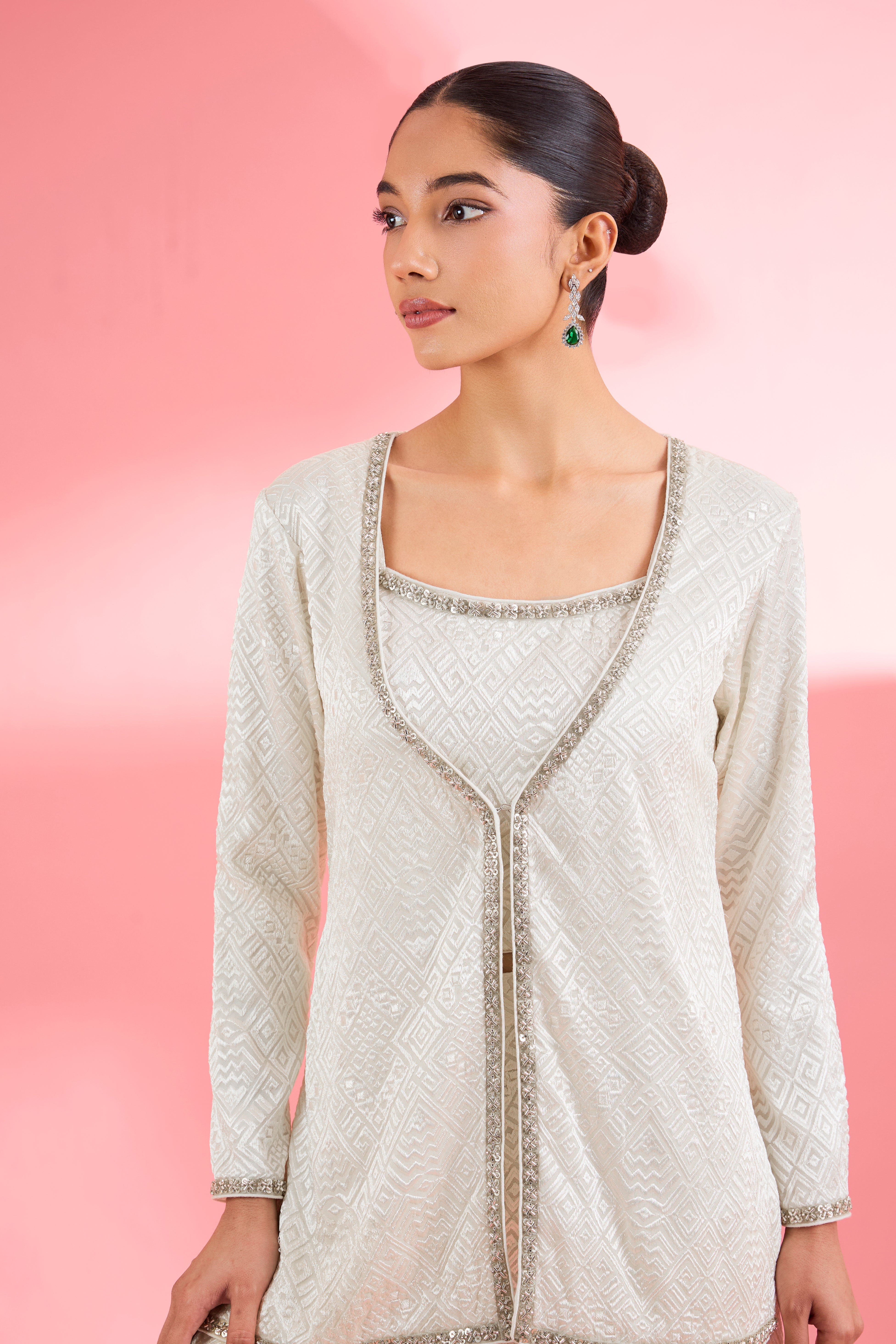 Ivory Georgette Sharara Set With Thread And Sequin Work