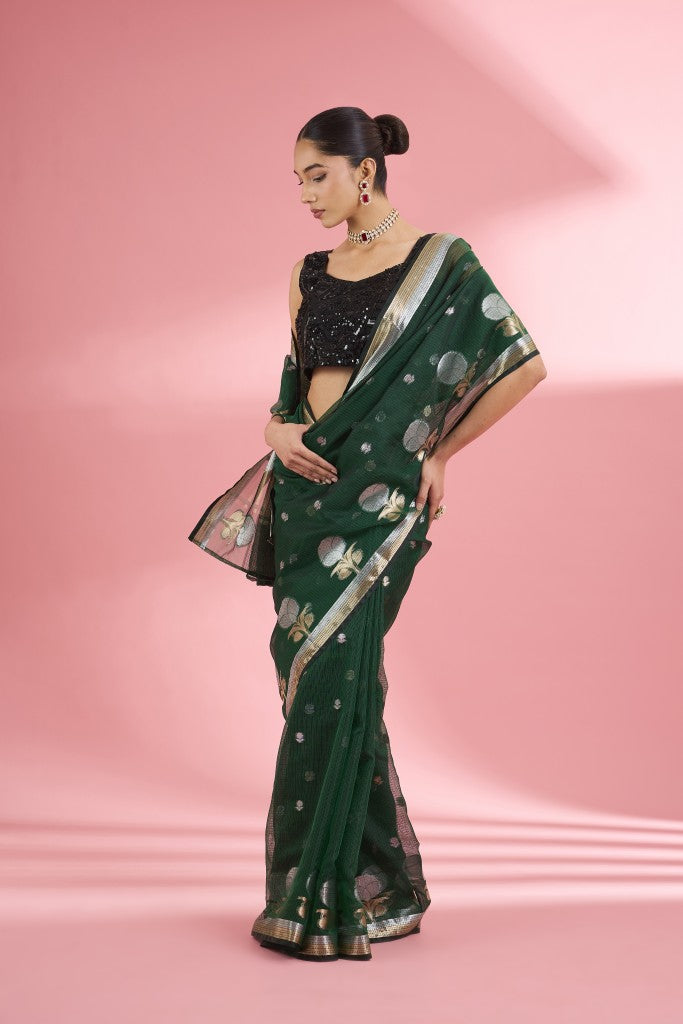 Dark Green Premium Kota Doria Silk Saree And Blouse Piece .