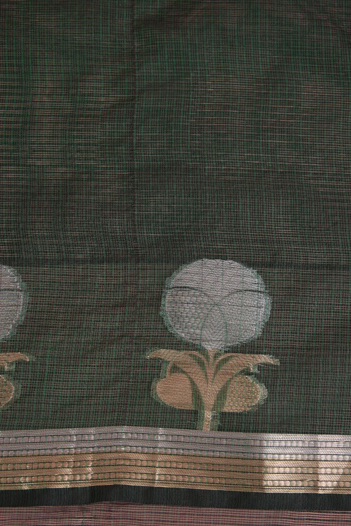 Dark Green Premium Kota Doria Silk Saree And Blouse Piece .