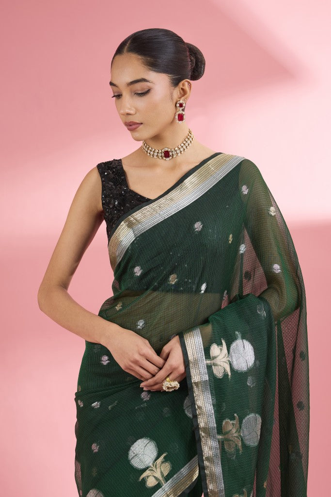 Dark Green Premium Kota Doria Silk Saree And Blouse Piece .