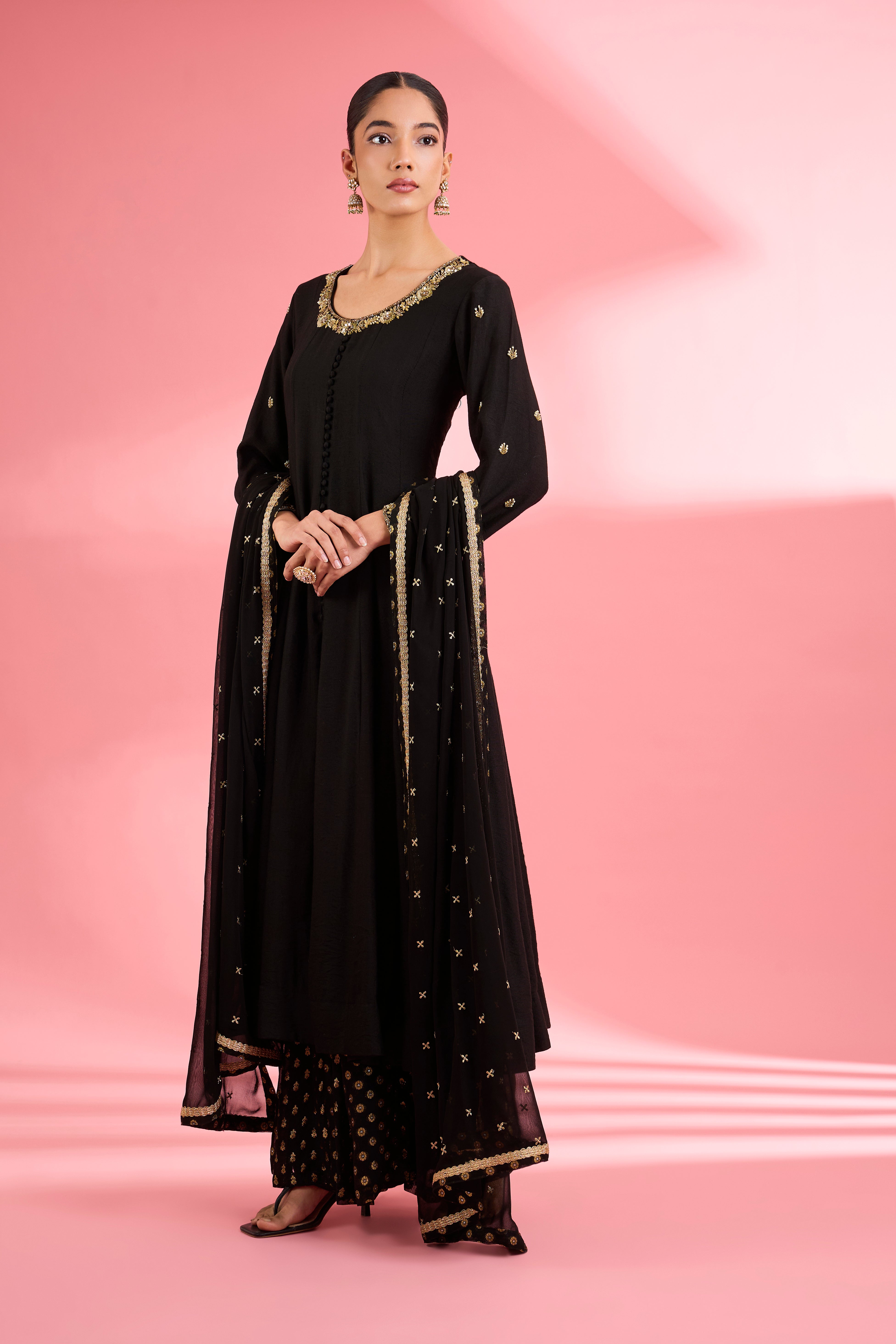 Black Katan Silk Anarkali Sharara Set With Hand Embroidery