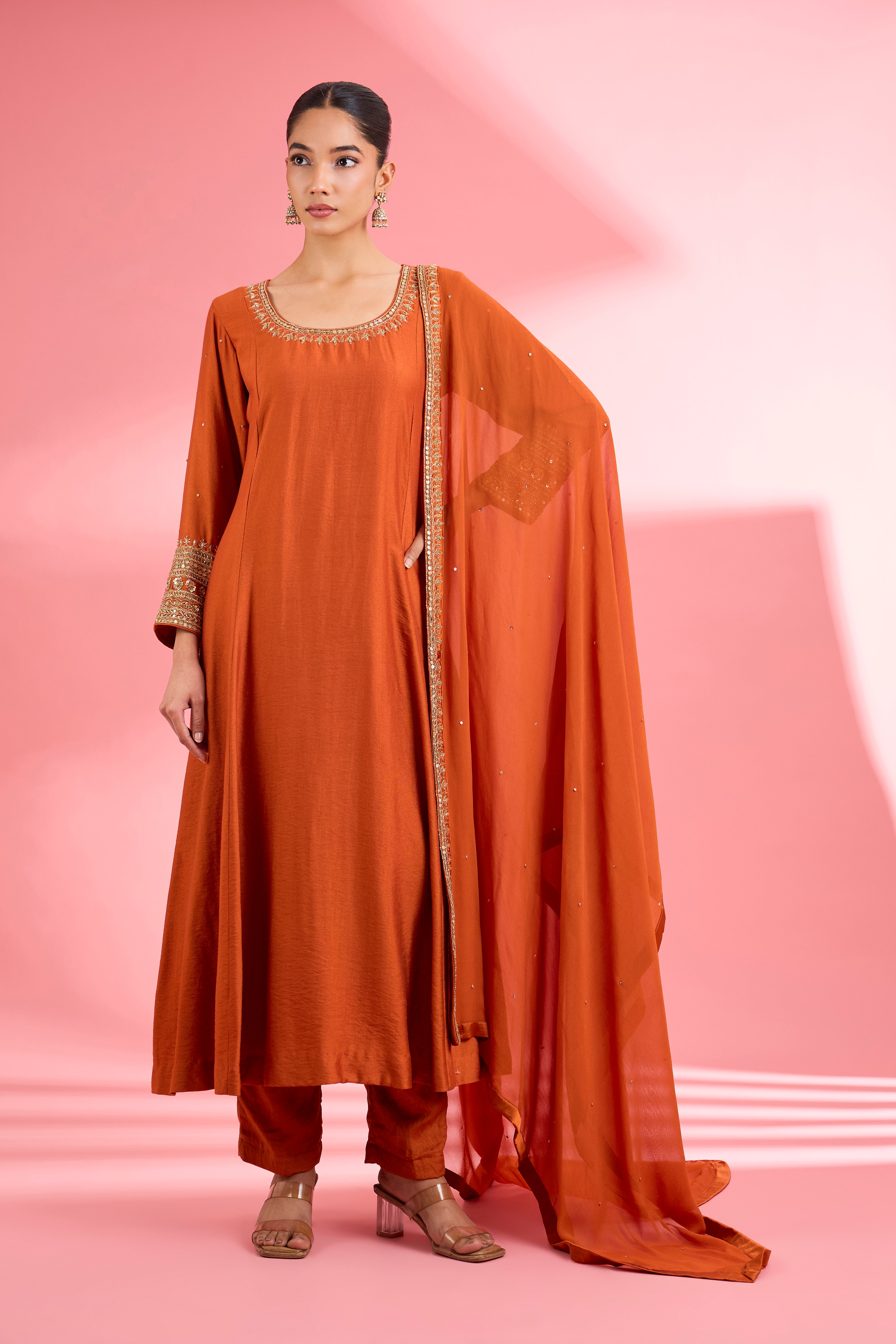 Rust Katan Silk Hand Embroidered Kurta Set
