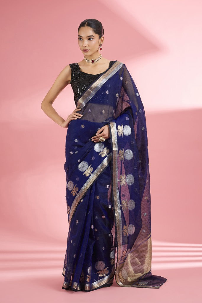 Dark Blue Premium Kota Doria Silk Saree And Blouse Piece .