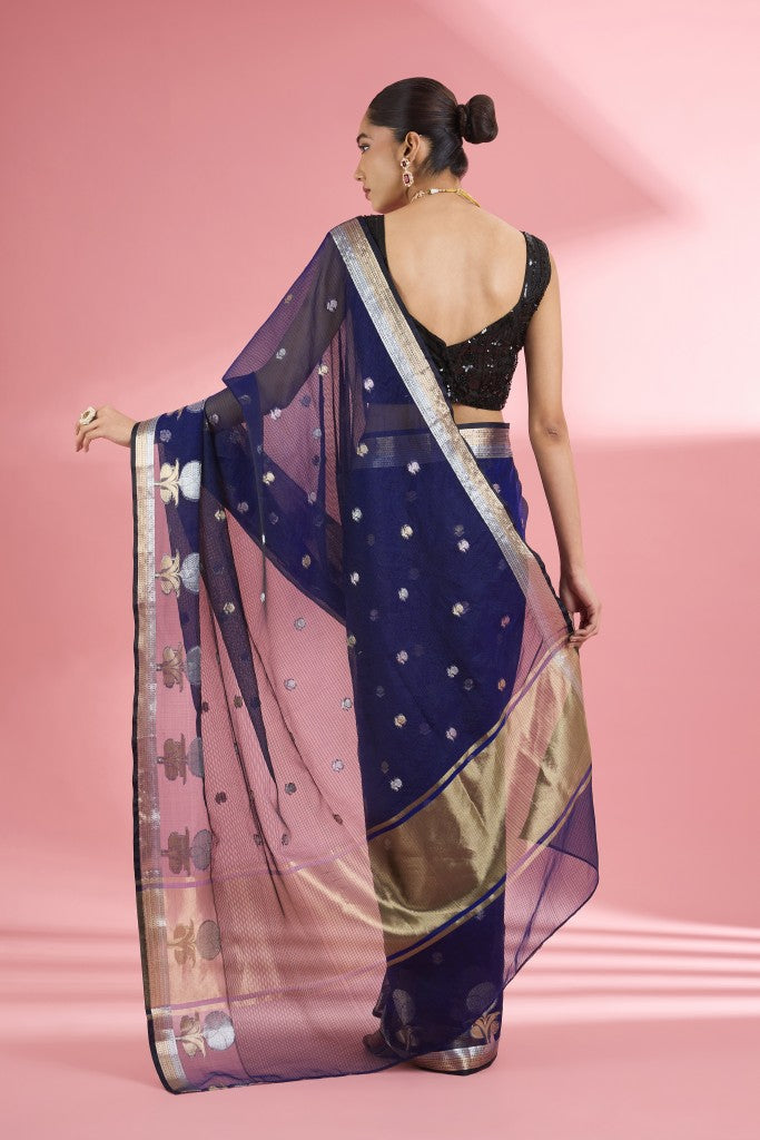 Dark Blue Premium Kota Doria Silk Saree And Blouse Piece .