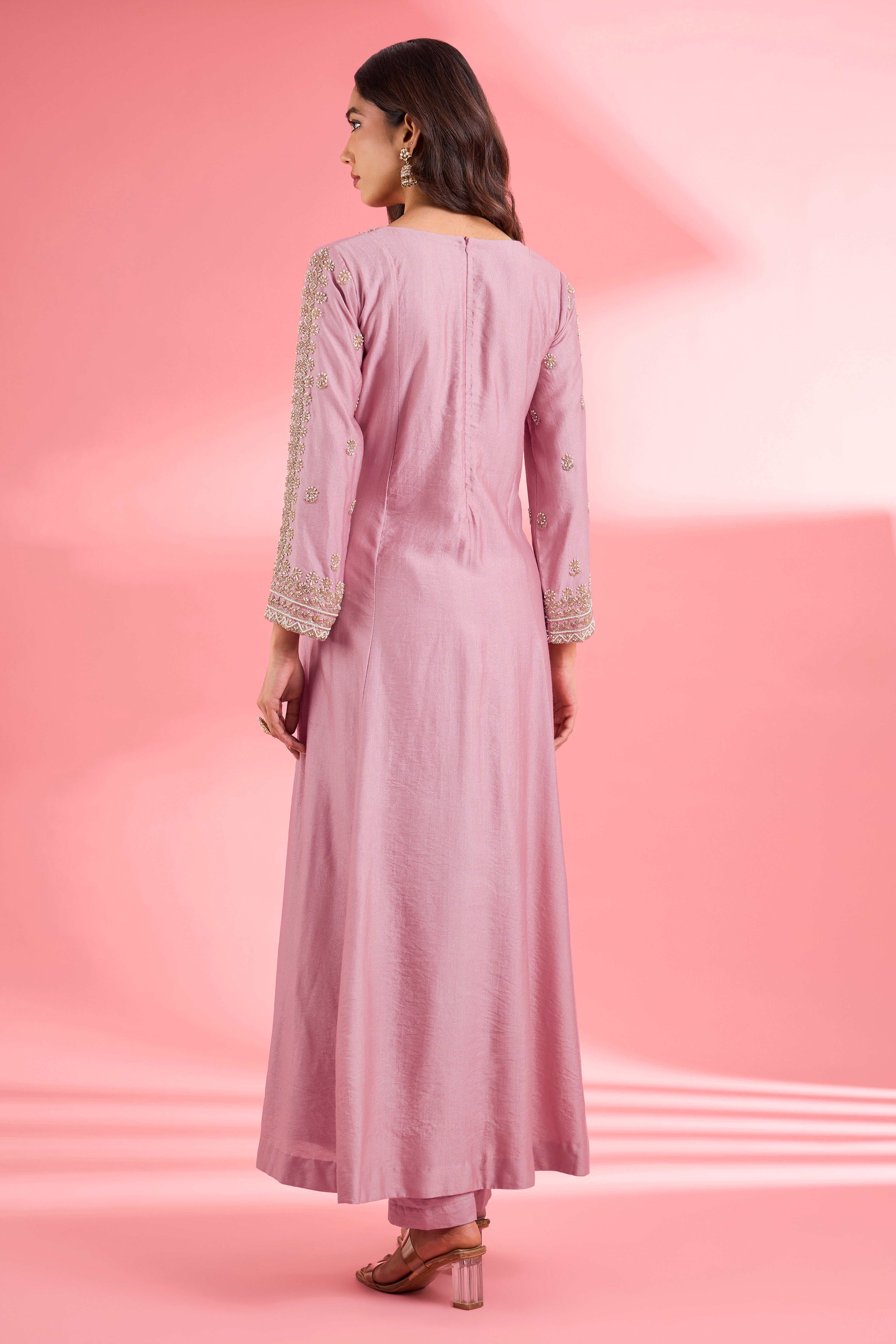 Pink Katan Silk Hand Embroidered Kurta Set