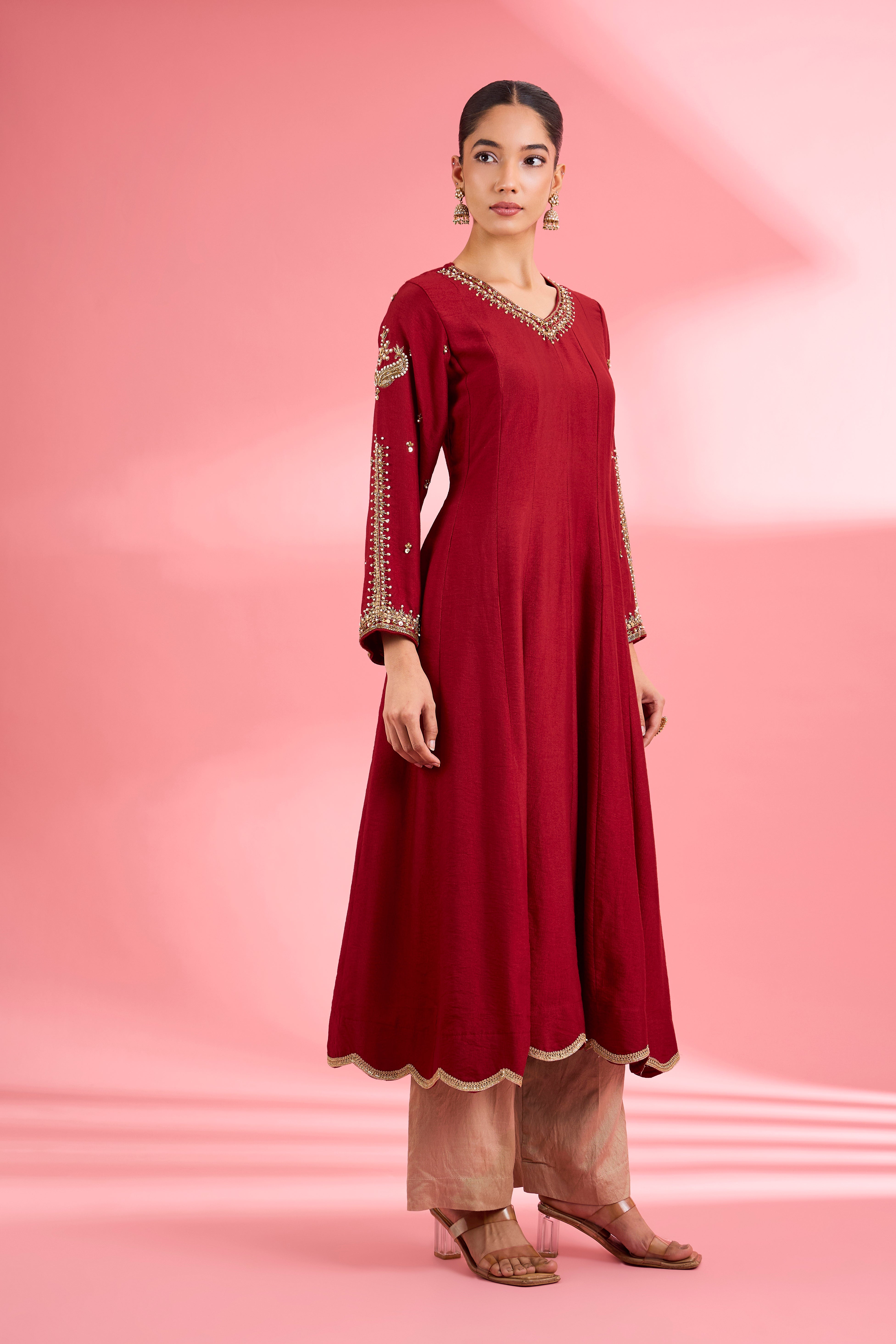 Maroon Katan Silk Hand Embroidered Kurta Set
