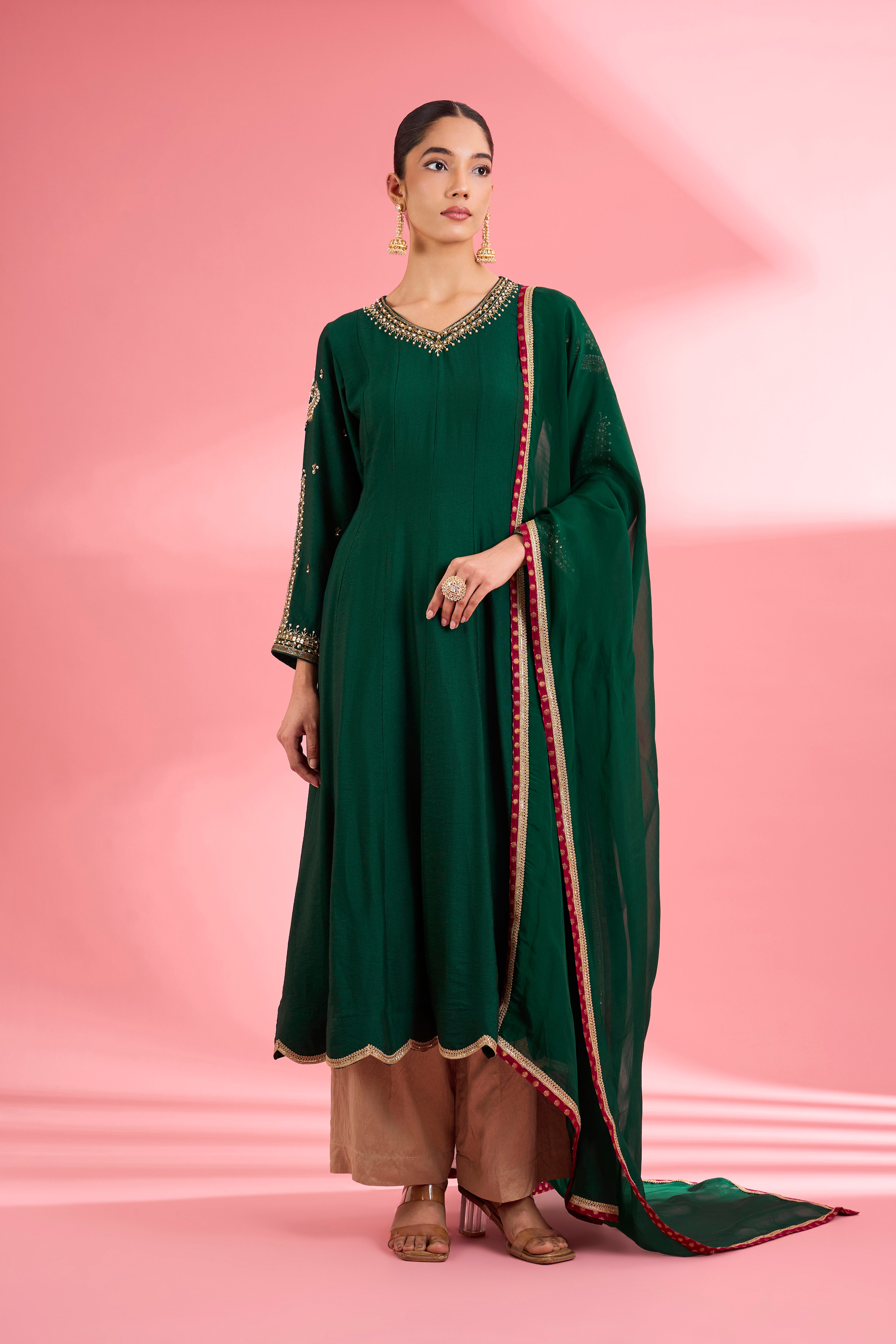 Dark Green Katan Silk Hand Embroidered Kurta Set