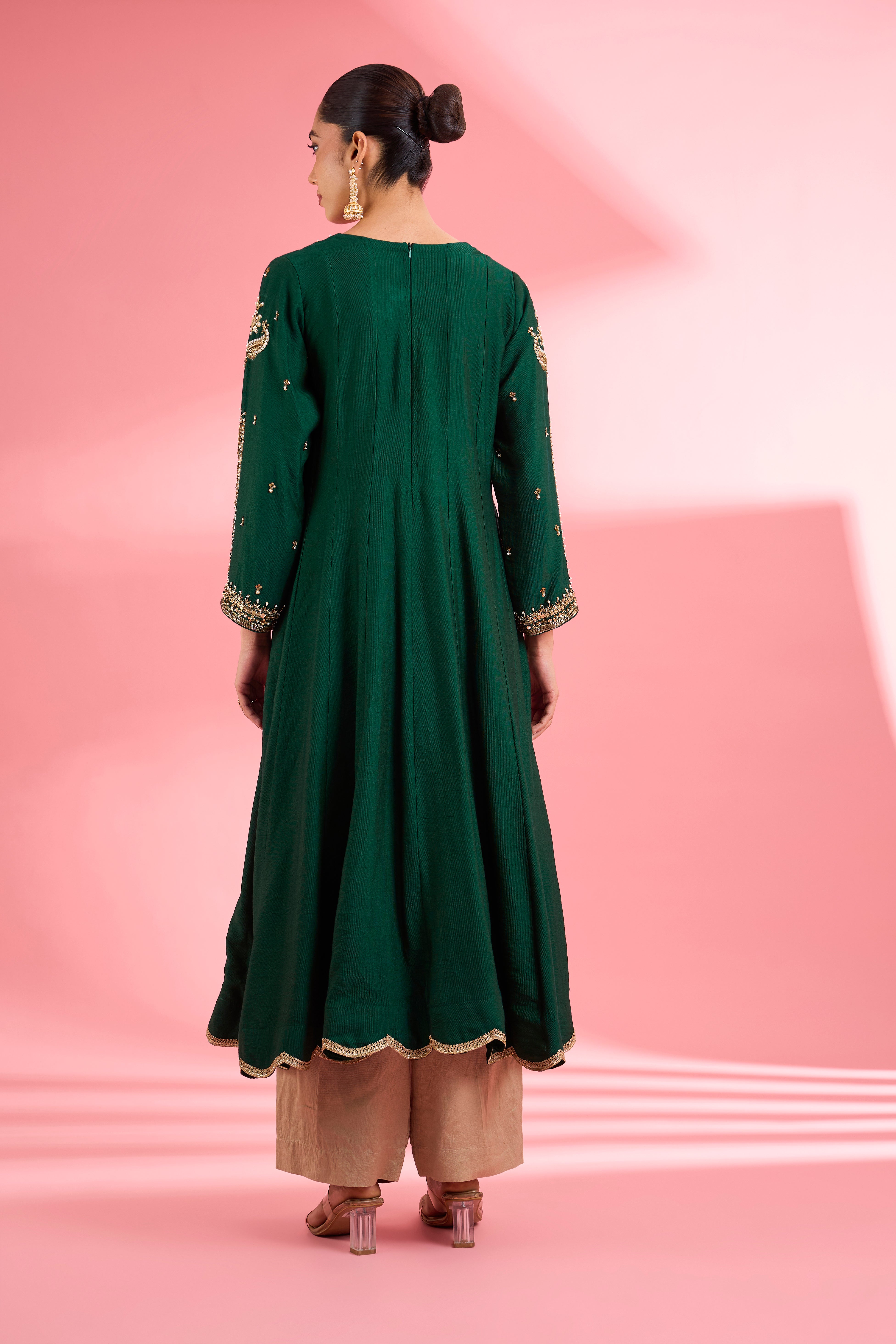 Dark Green Katan Silk Hand Embroidered Kurta Set