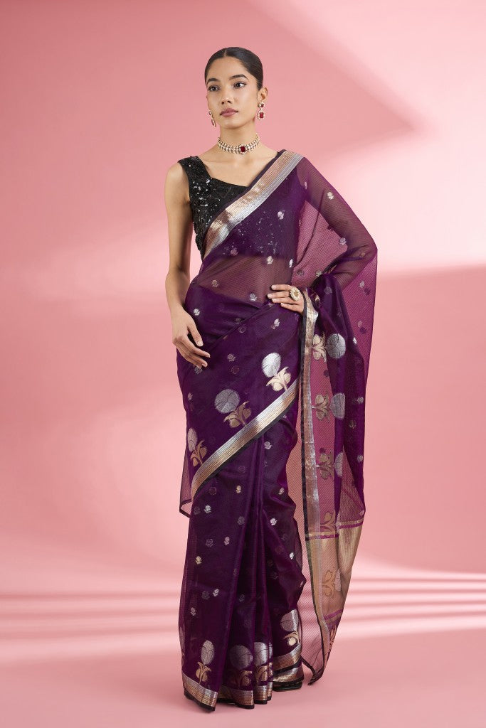 Wine Colour Premium Kota Doria Silk Saree And Blouse Piece .