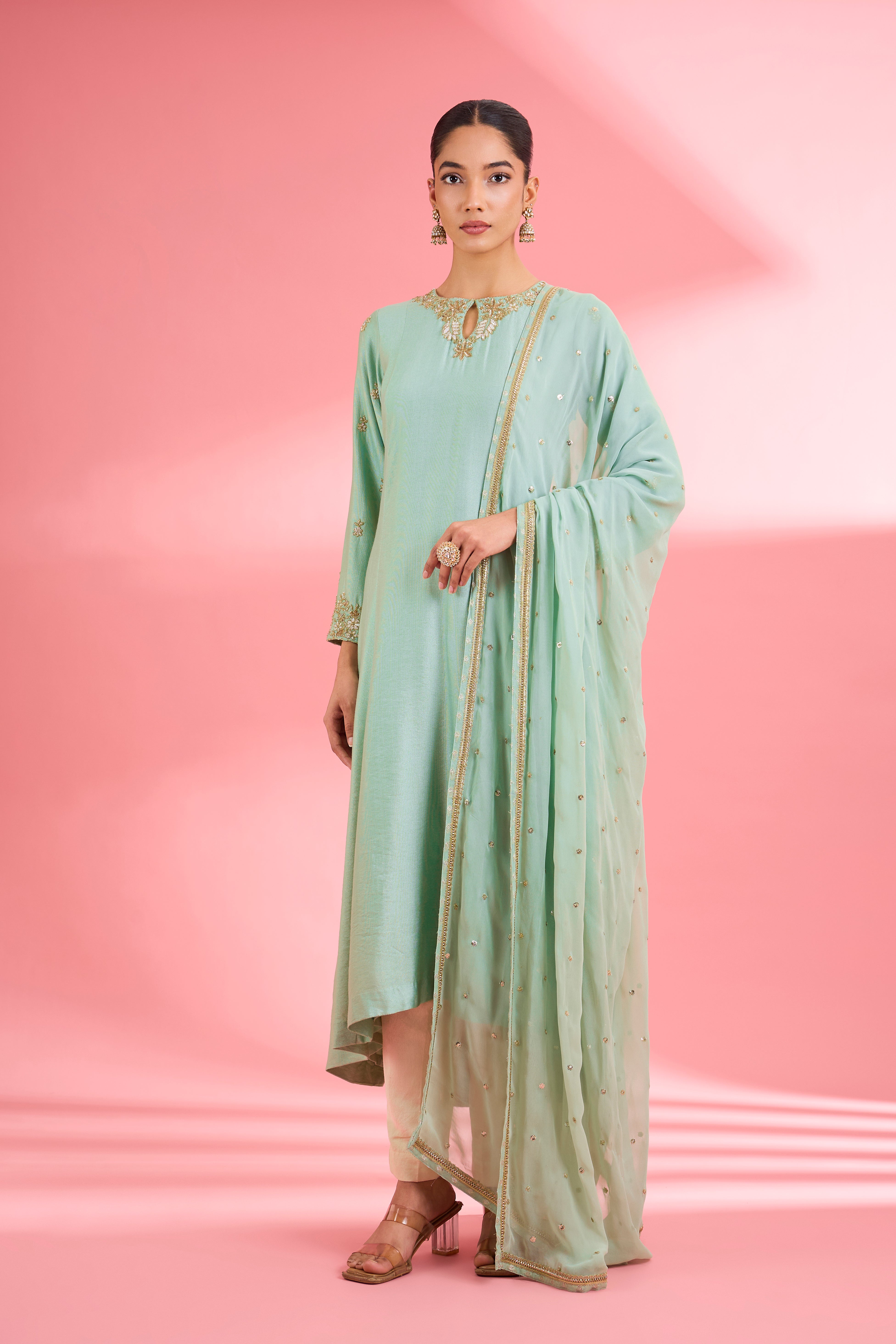 Sea Green Katan Silk Handwork Kurta Set