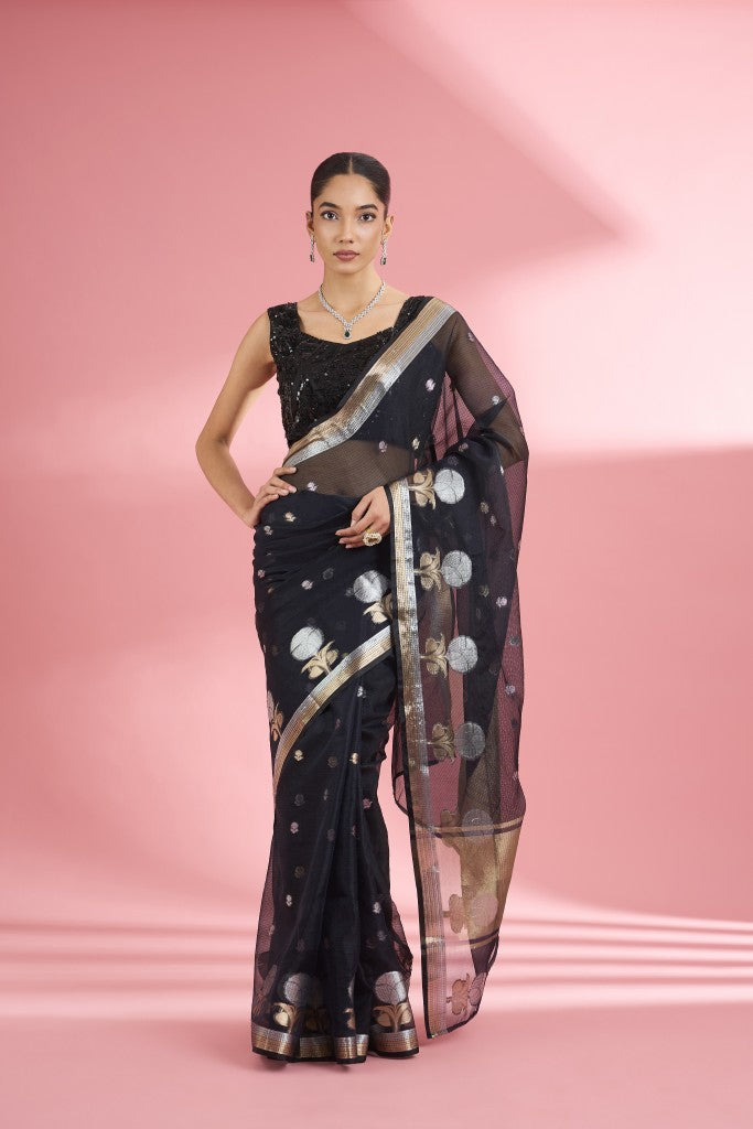 Black Premium Kota Doria Silk Saree And Blouse Piece .