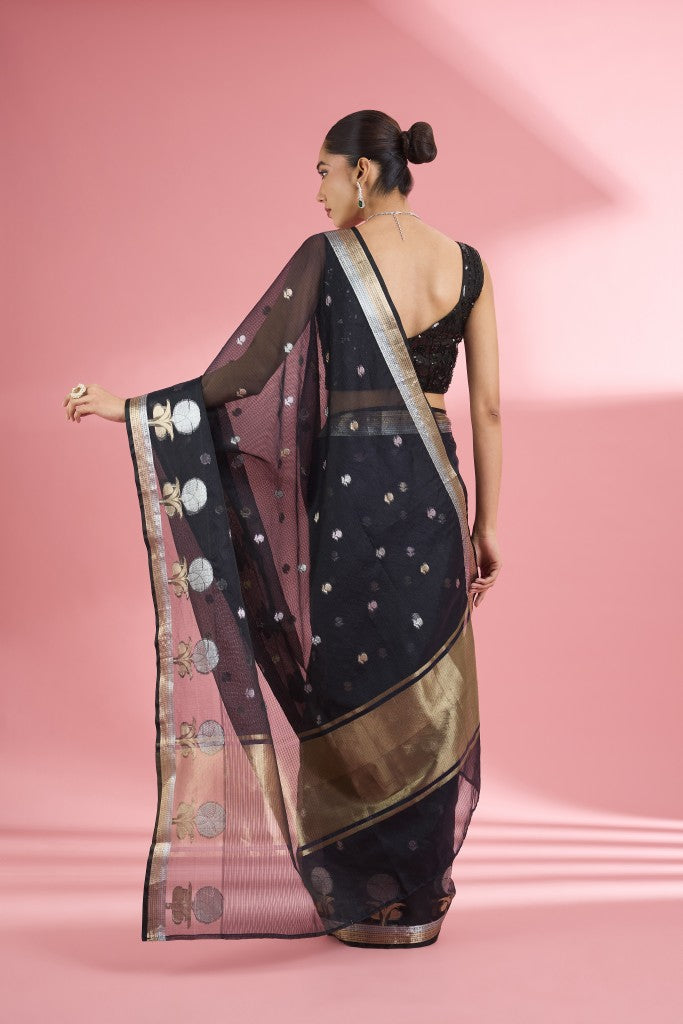 Black Premium Kota Doria Silk Saree And Blouse Piece .