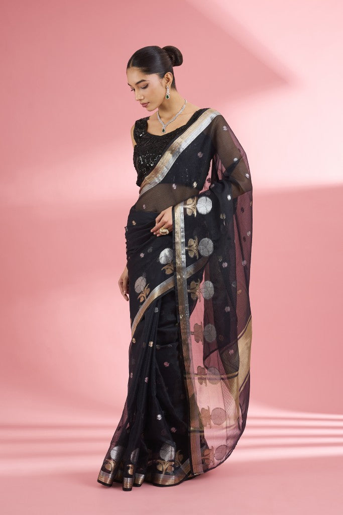 Black Premium Kota Doria Silk Saree And Blouse Piece .
